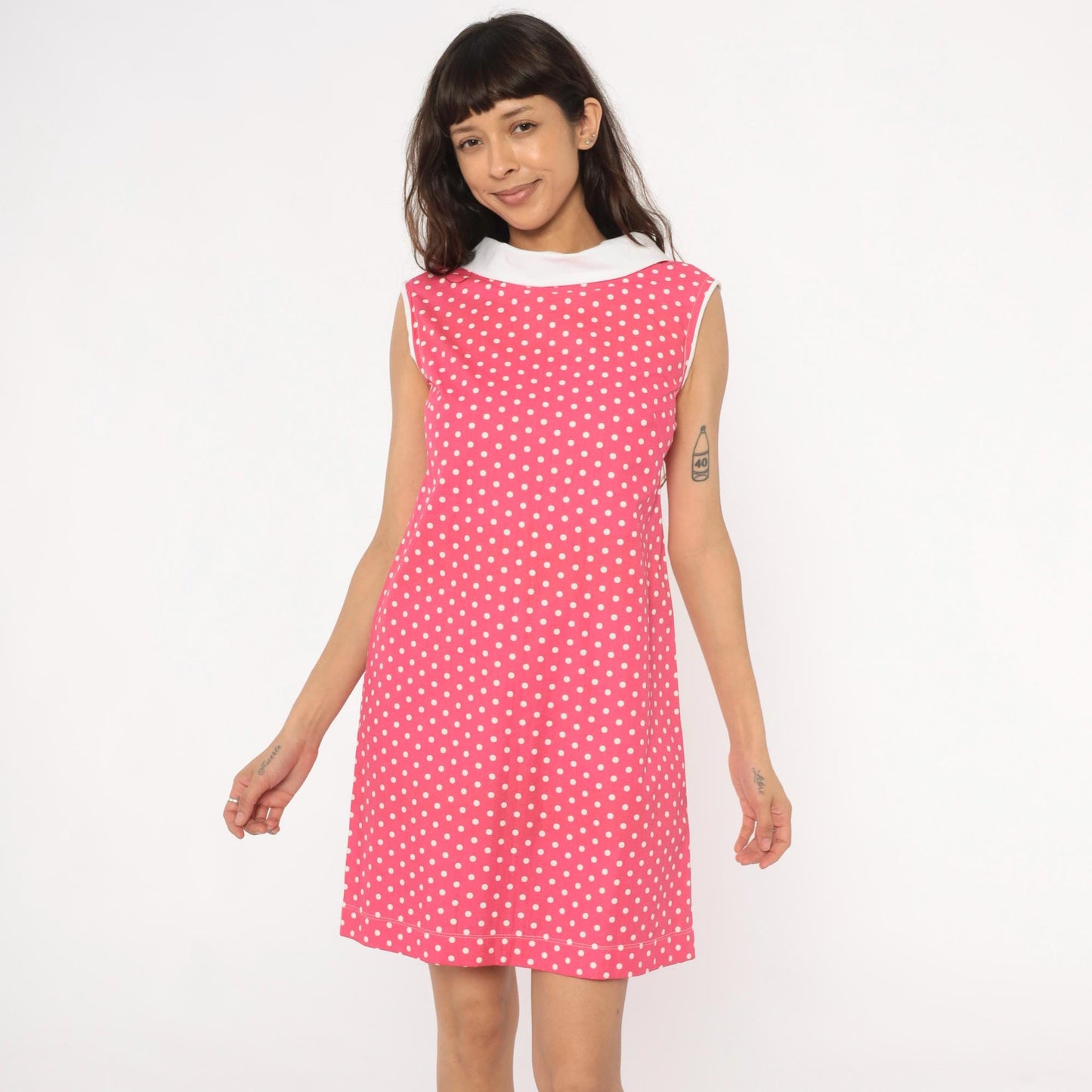 90s Pink Polka Dot Shift Dress White Peter Pan Collar Small