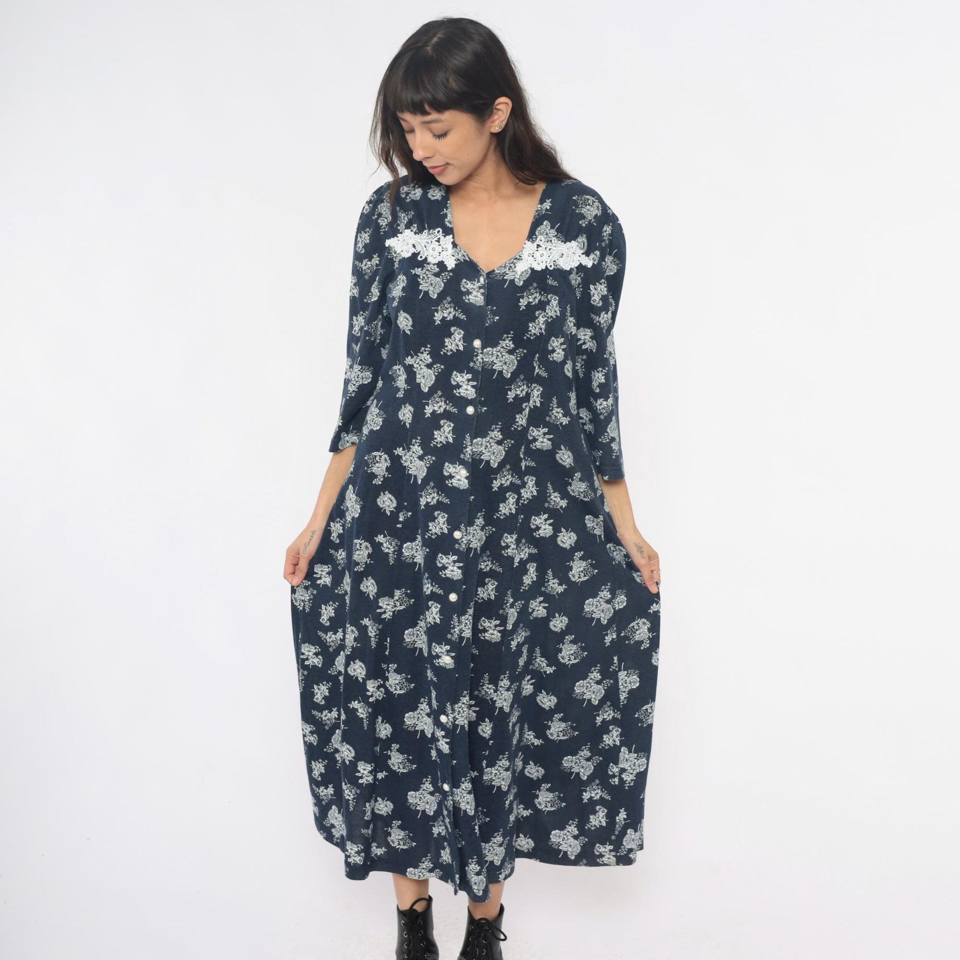 90s Navy Floral Maxi Dress Lace Collar Button Front Three Quarter Sleeve Extra Large XXL