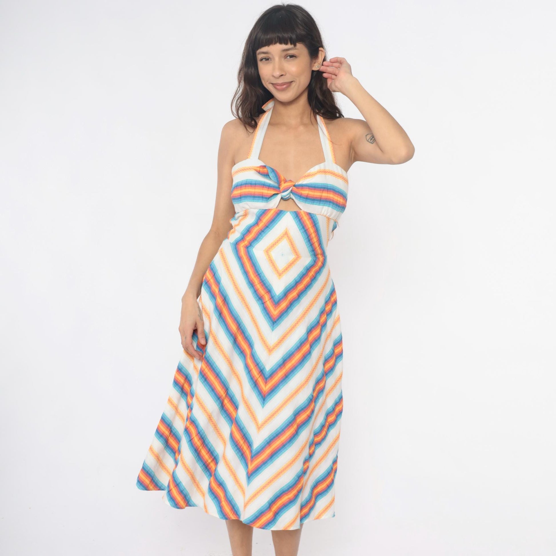 70s Rainbow Chevron Halter Dress Cutout Tie Front Cotton Small
