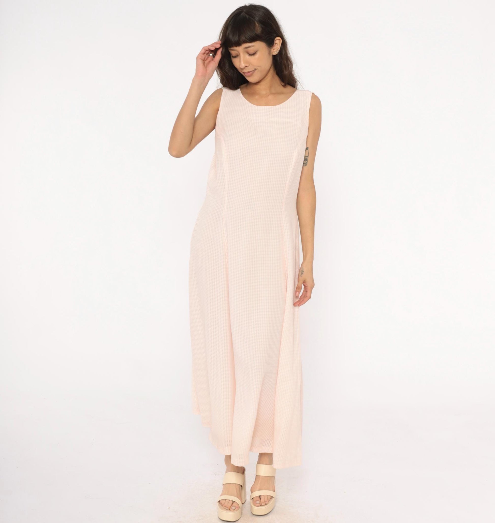 90s Pink Gingham Maxi Dress Sleeveless Open Back Scoop Neck Medium M