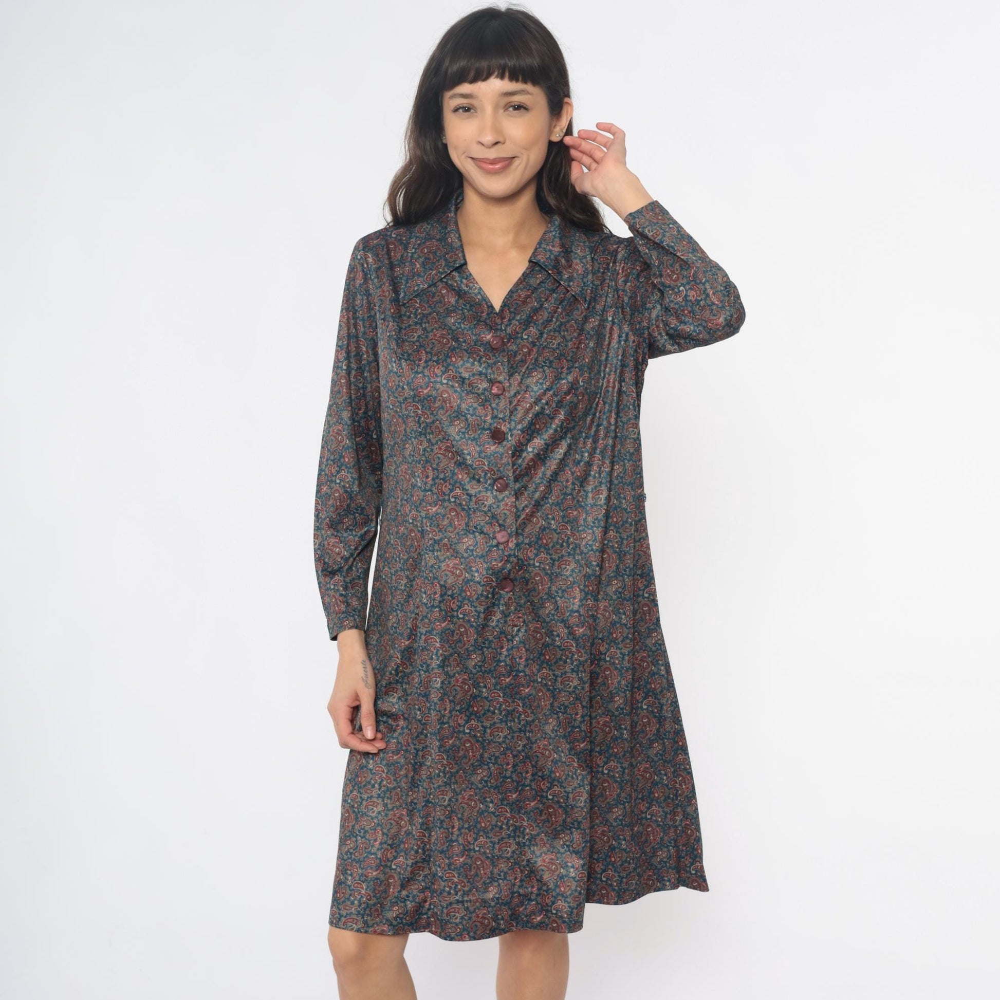 70s Paisley Shirt Dress Collared Button Front Long Sleeve Blue Large L