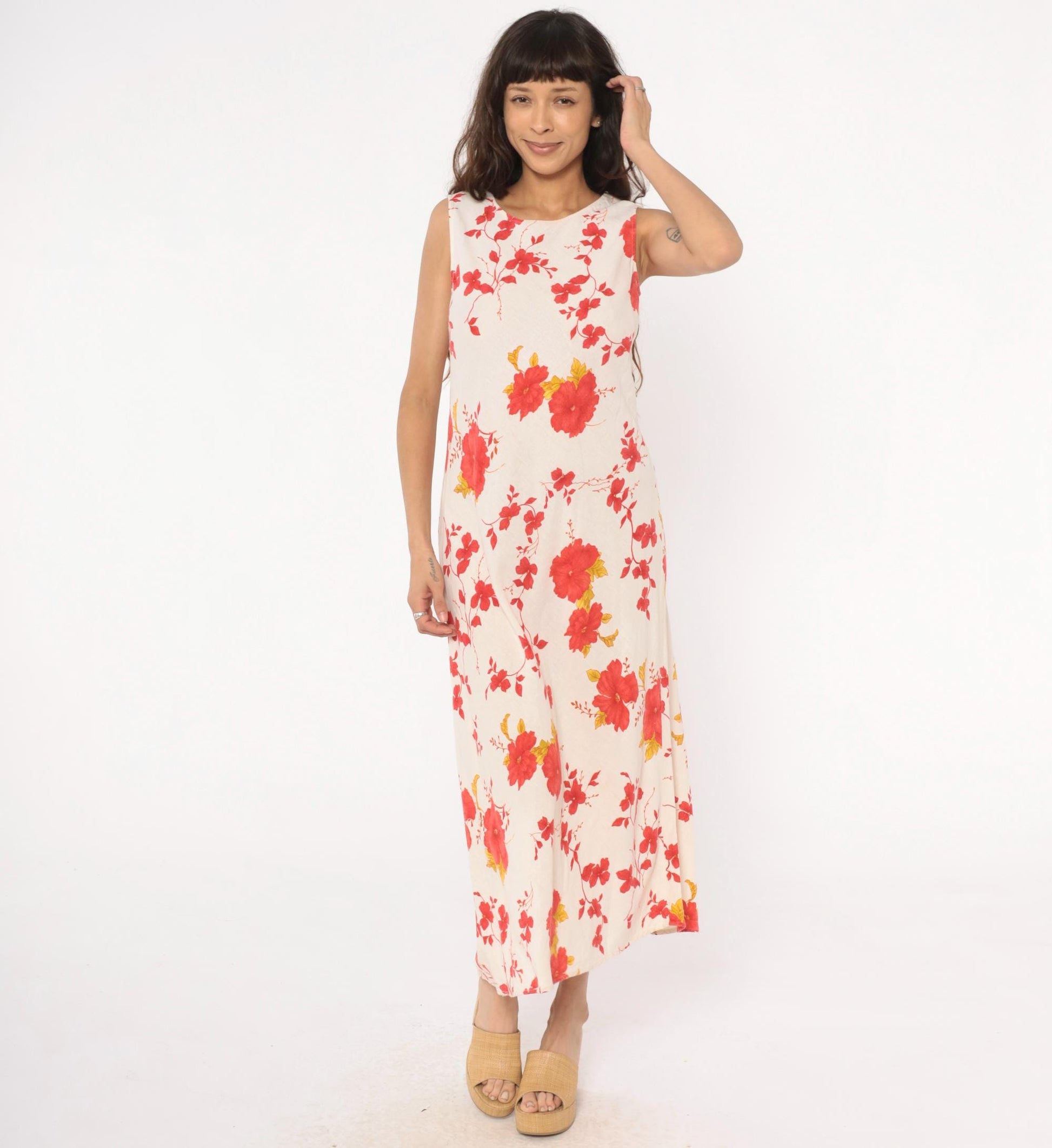 90s Lennie New York Floral Linen Maxi Dress Cream Red Yellow Large L