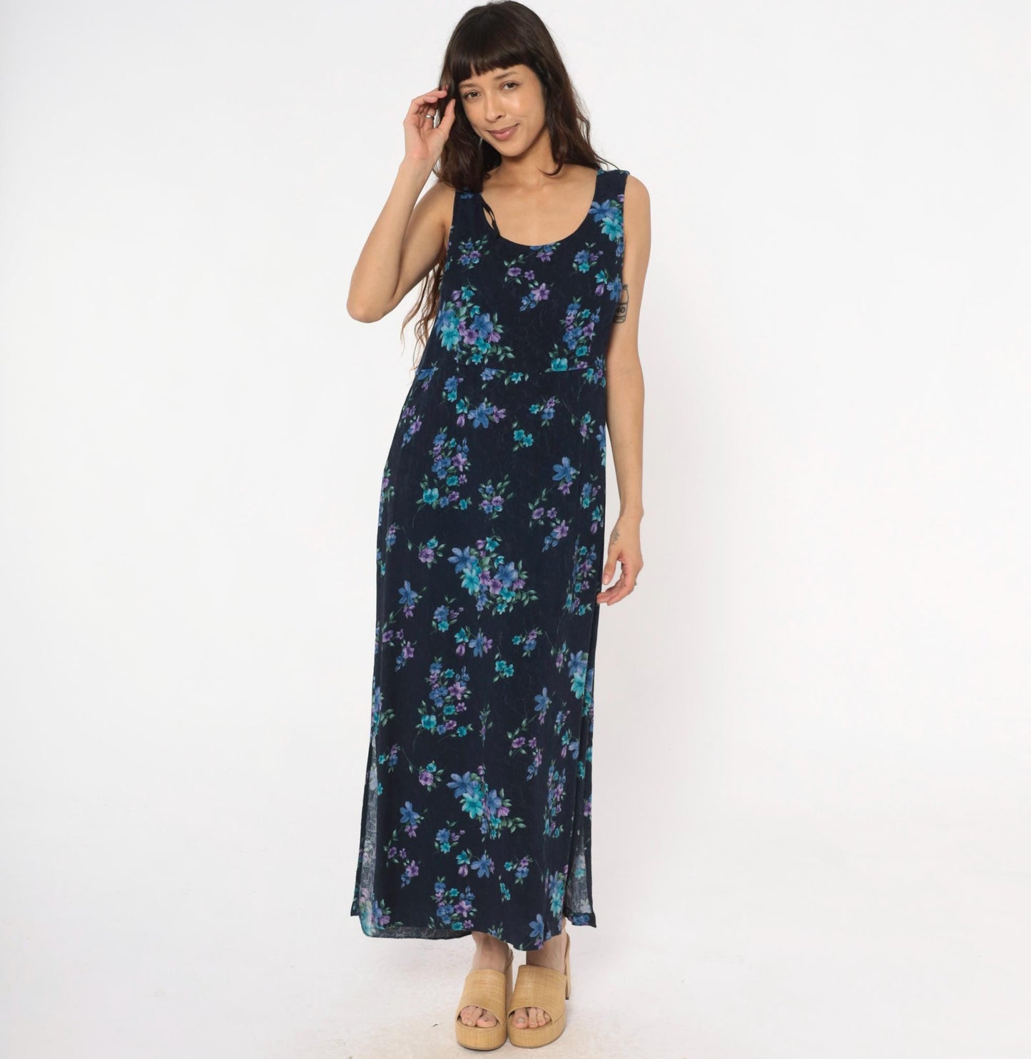 90s Karin Stevens Floral Maxi Dress Dark Blue Purple Sleeveless Tank Large