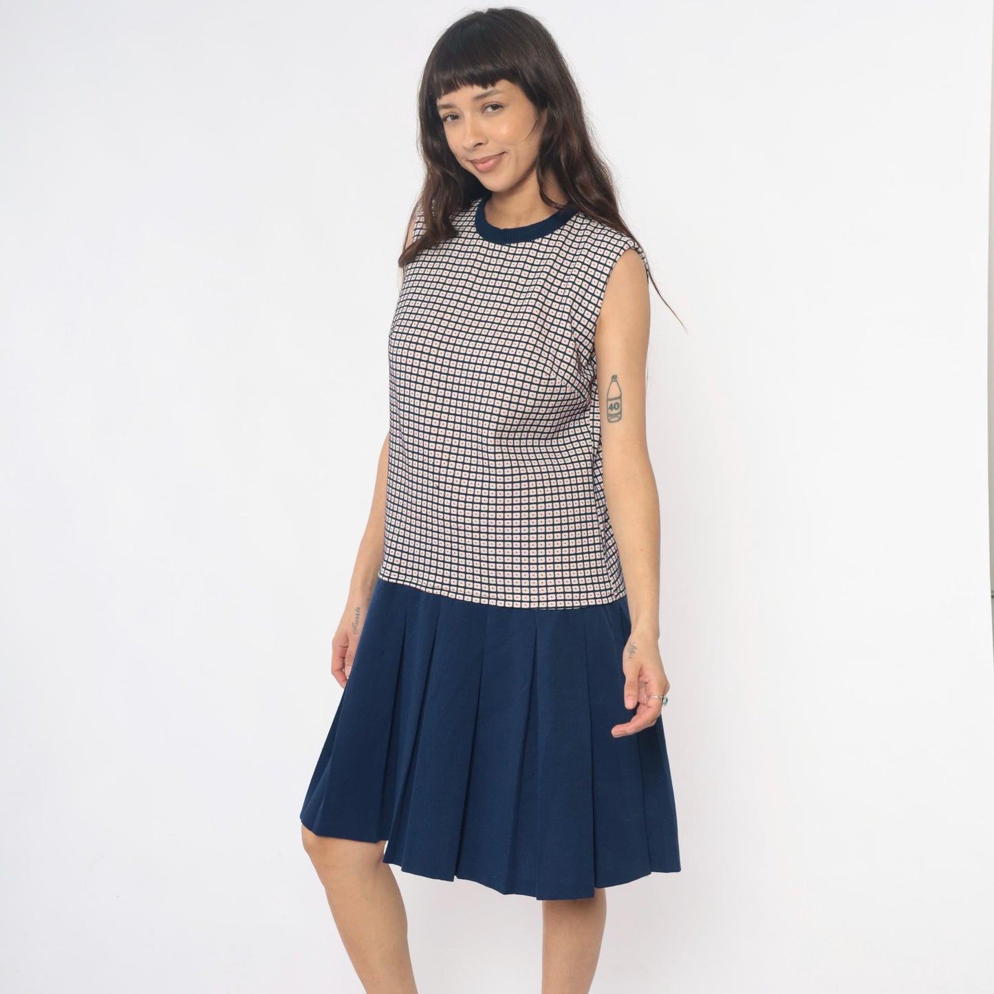 70s Navy Checkered Colorblock Dress Pleated Skirt Sleeveless Large L