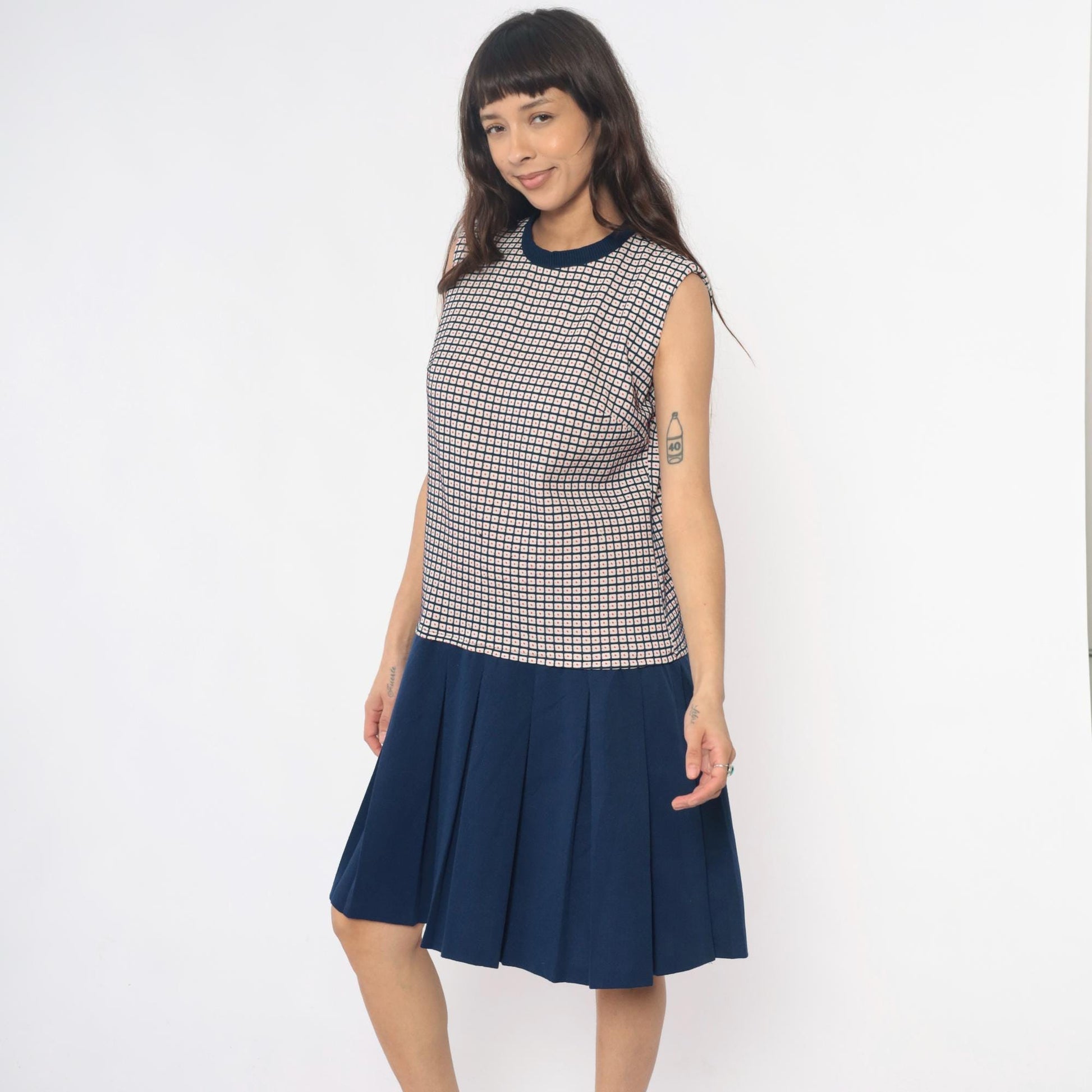 70s Navy Checkered Colorblock Dress Pleated Skirt Sleeveless Large L