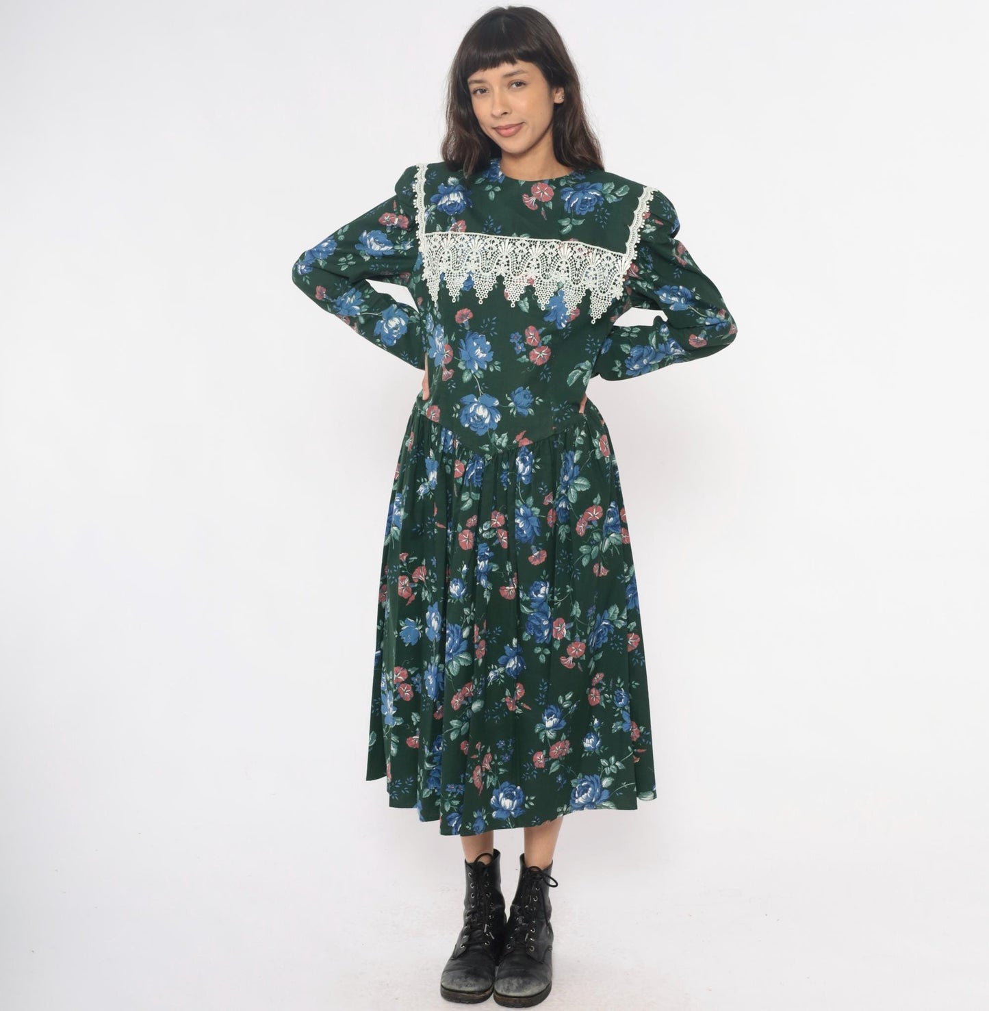 80s Jessica McClintock Gunne Sax Forest Green Floral Midi Dress Crochet Lace Medium M