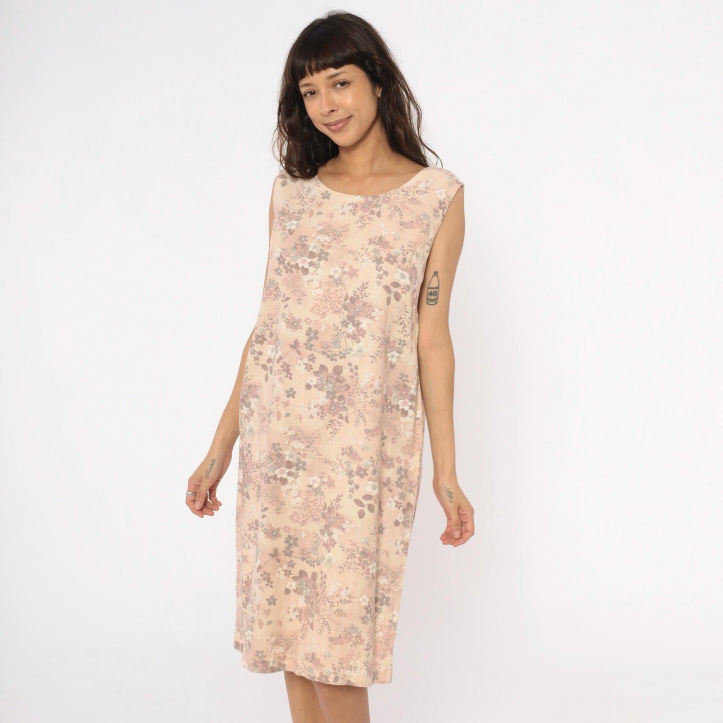 60s Floral Shift Dress Sleeveless Cream Pink Mauve Cotton Medium M