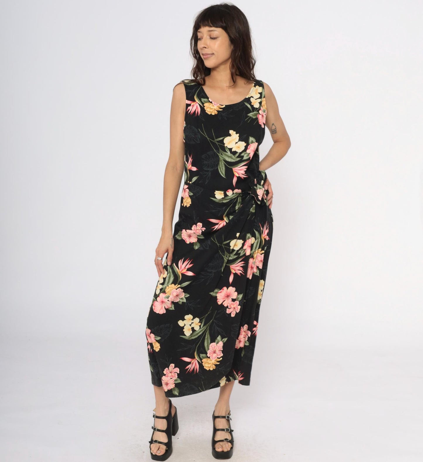 90s Caribbean Joe Black Floral Maxi Dress Tropical Print Sleeveless Large L