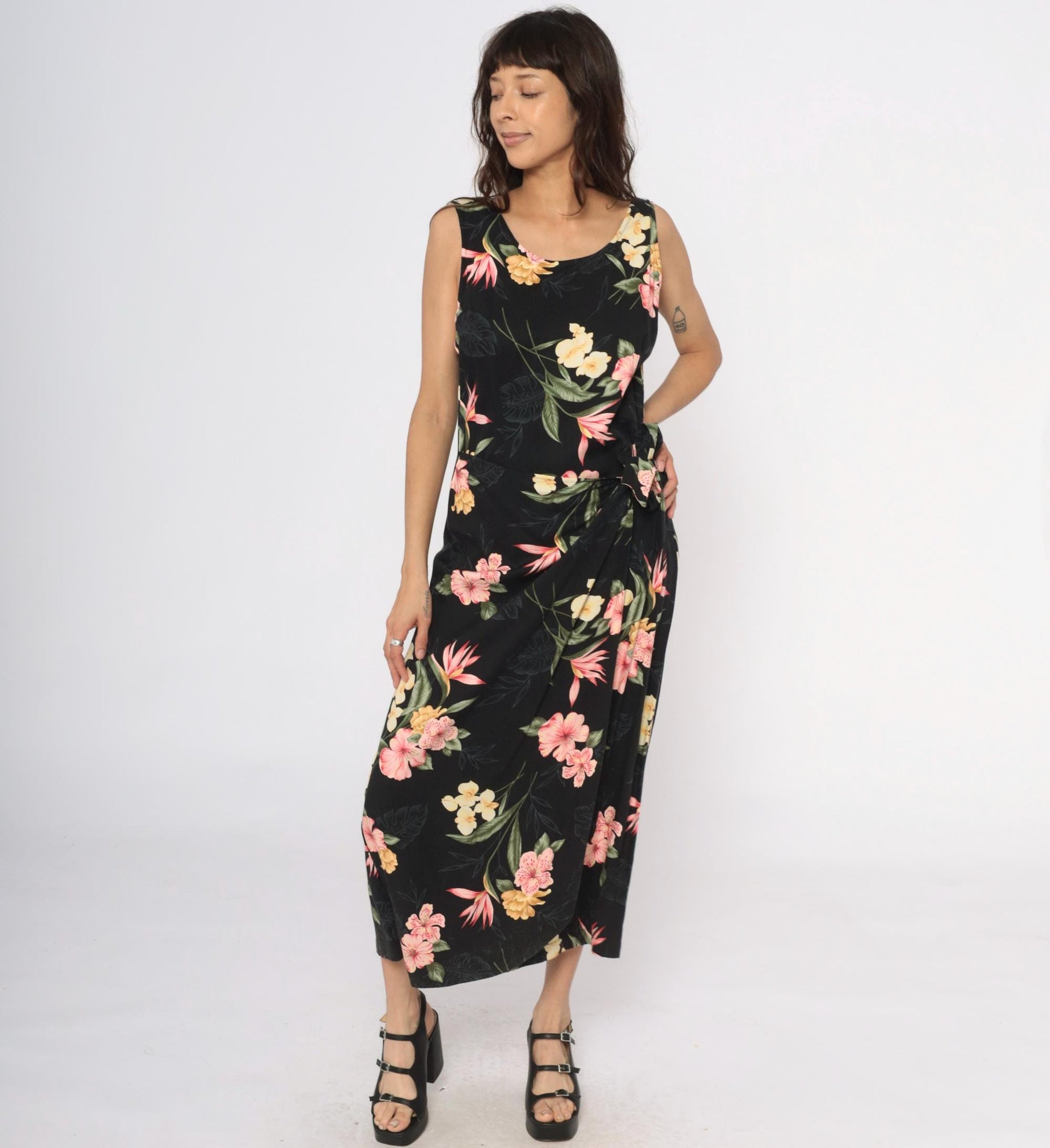 90s Caribbean Joe Black Floral Maxi Dress Tropical Print Sleeveless Large L