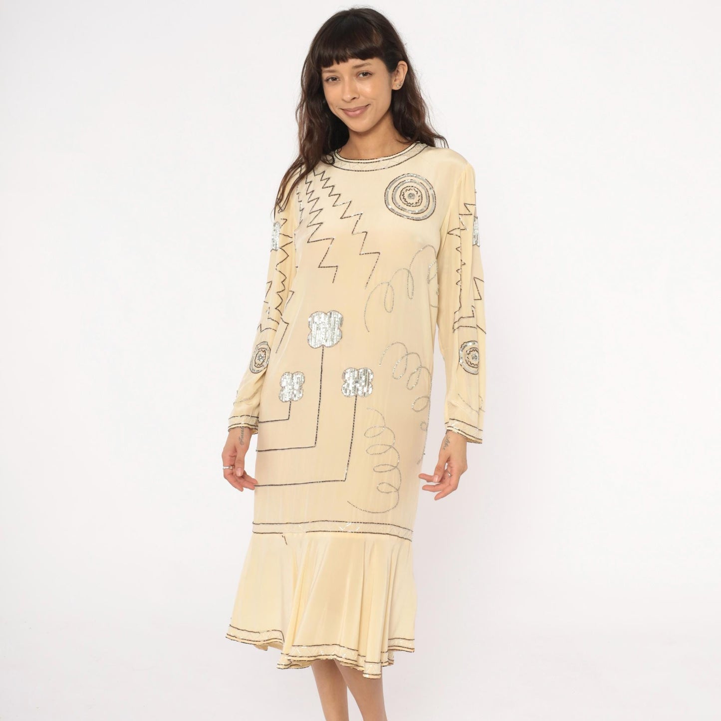 90s Argenti Silk Beaded Midi Dress Cream Drop Waist Geometric Embroidered Medium M