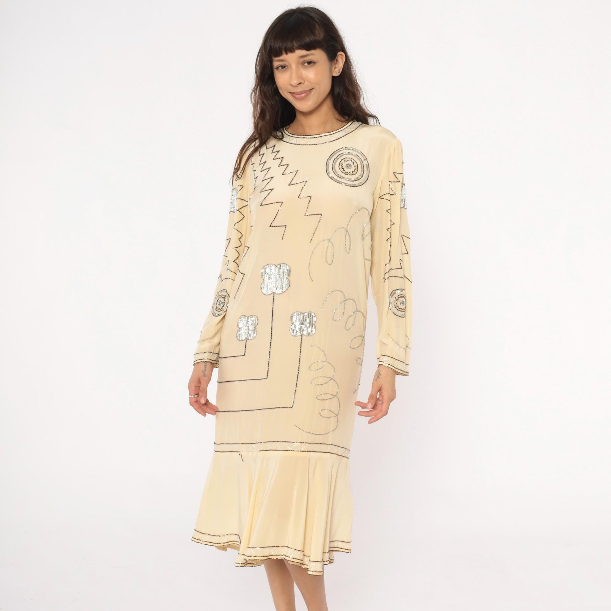 90s Argenti Silk Beaded Midi Dress Cream Drop Waist Geometric Embroidered Medium M