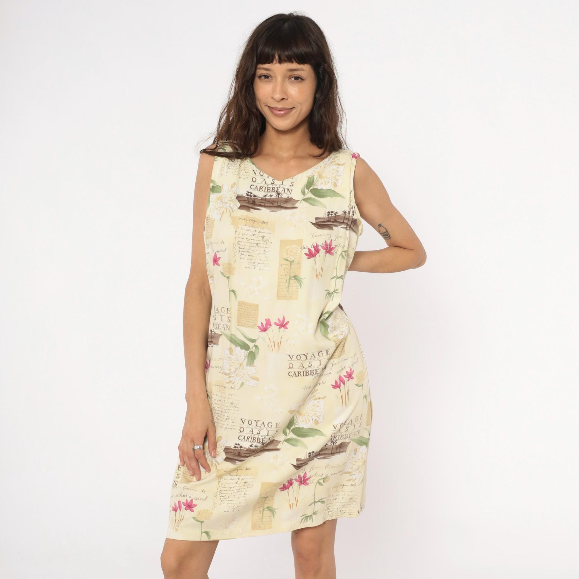 90s Caribbean Joe Tropical Shift Dress Cream Floral Postcard Print Extra Large