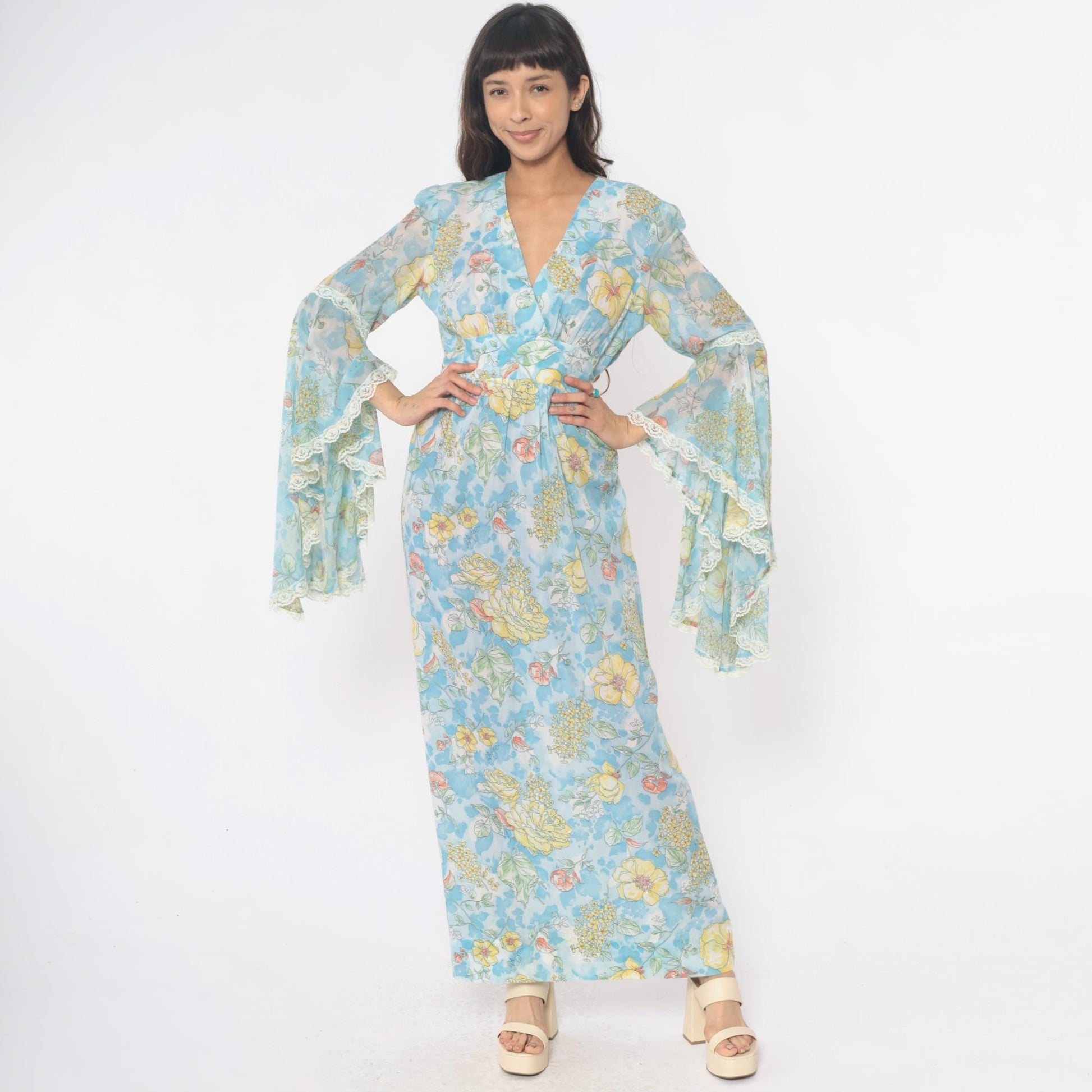 70s Light Blue Floral Maxi Dress Bell Sleeve Wrap Tie Waist Lace Trim Small Medium