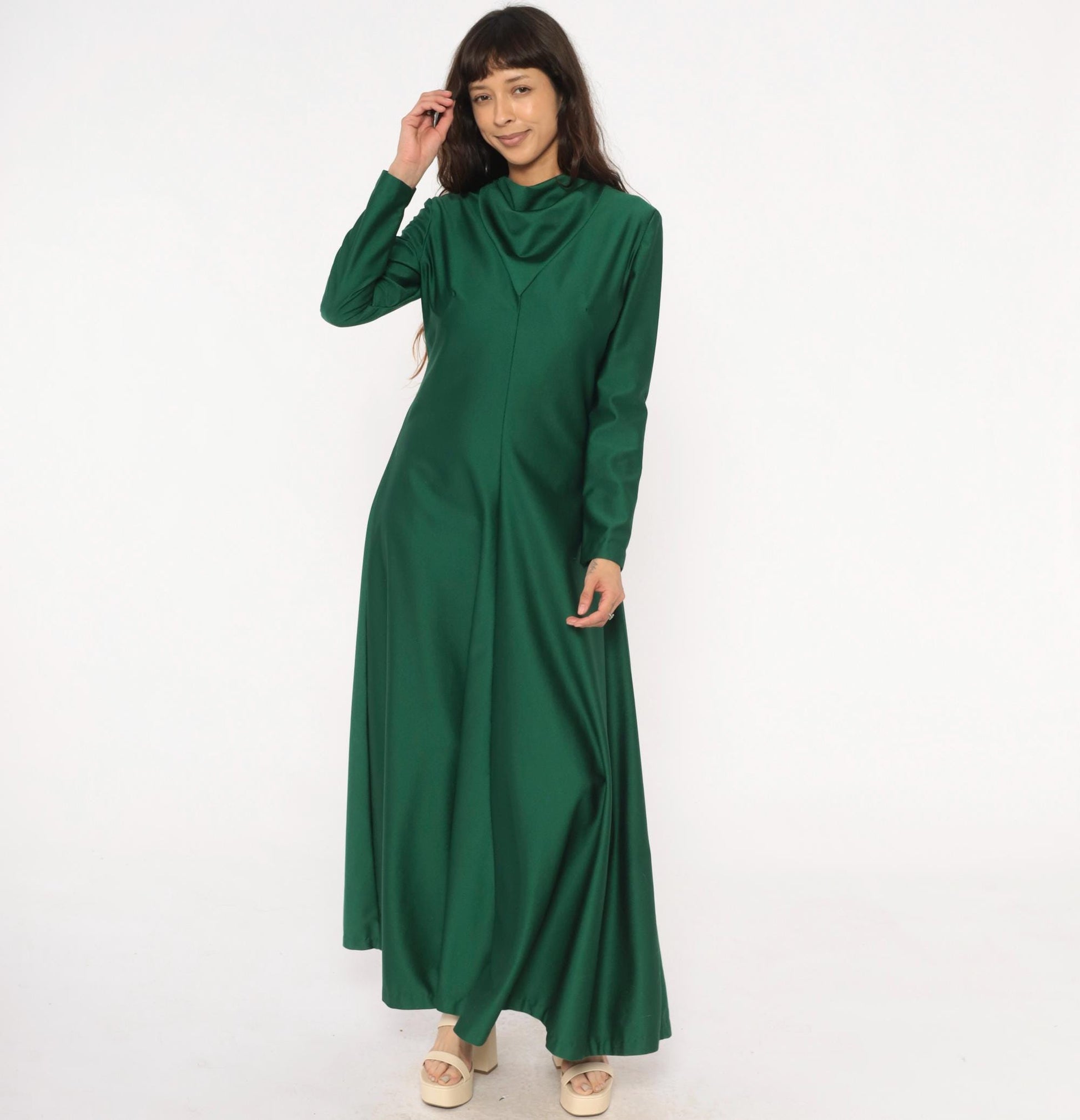 70s Green Maxi Dress Cowl Neck Long Sleeve Forest Draped Medium