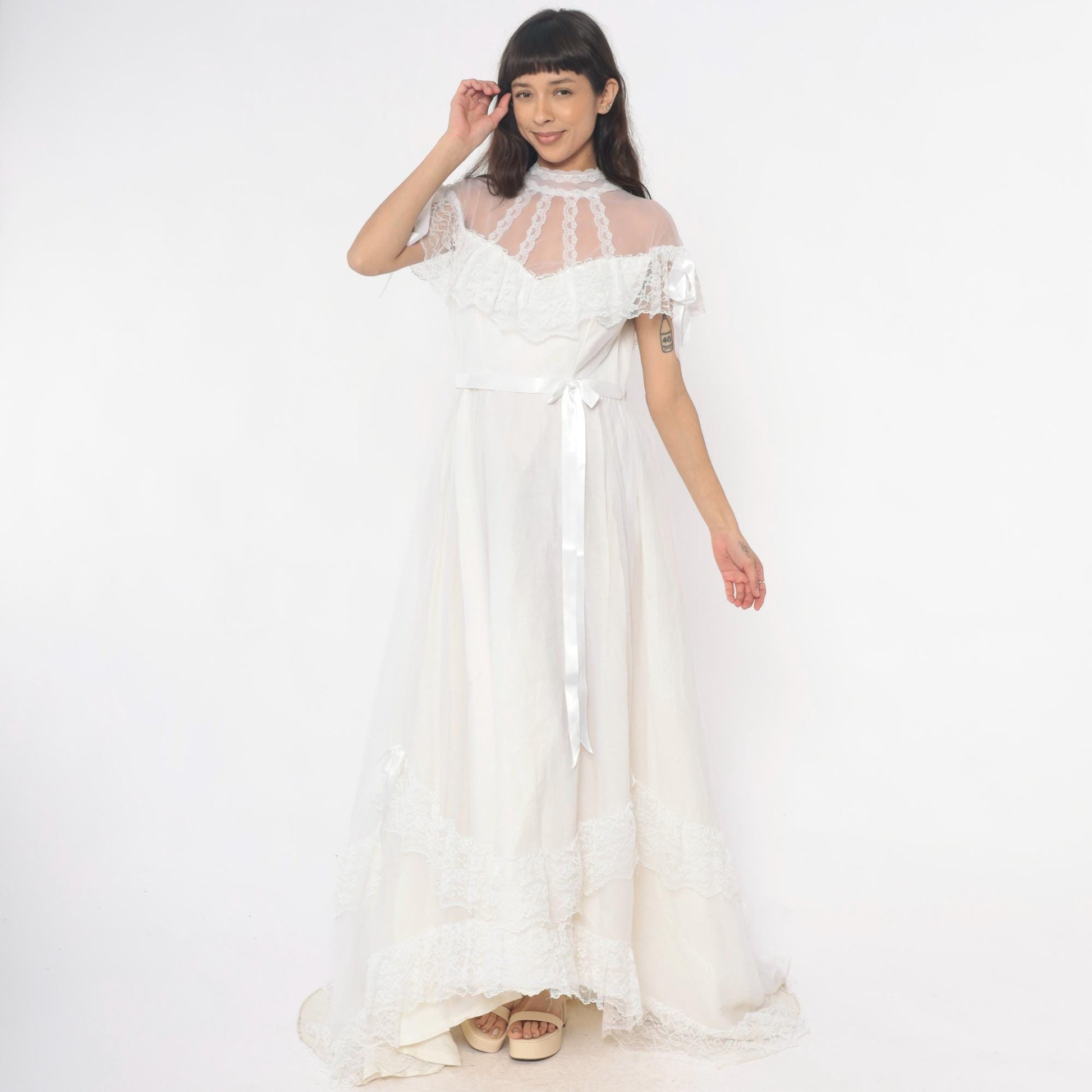 80s White Lace Maxi Nightgown Sheer High Neck Satin Ribbon Medium