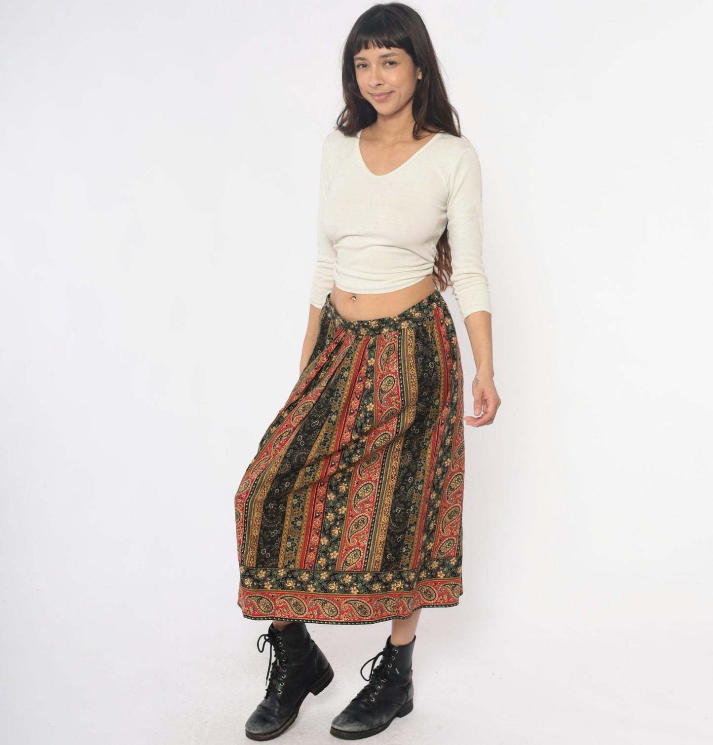 90s Suttles an Seawinds Midi Skirt Paisley Floral Stripe Elastic Waist Large
