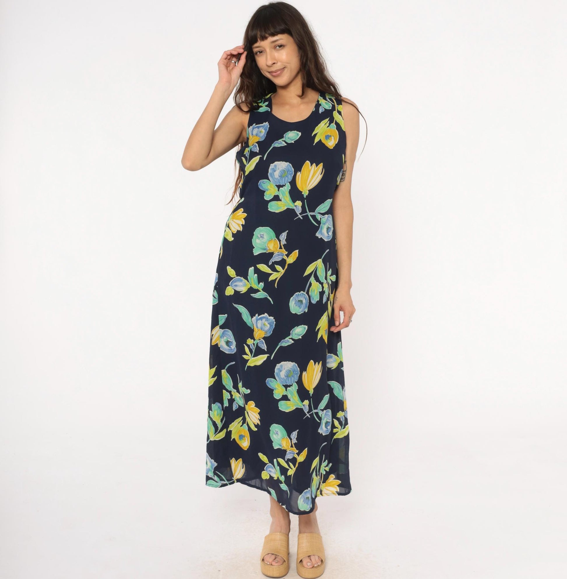 90s Bentley Floral Maxi Dress Navy Blue Yellow Green Scoop Neck Large L