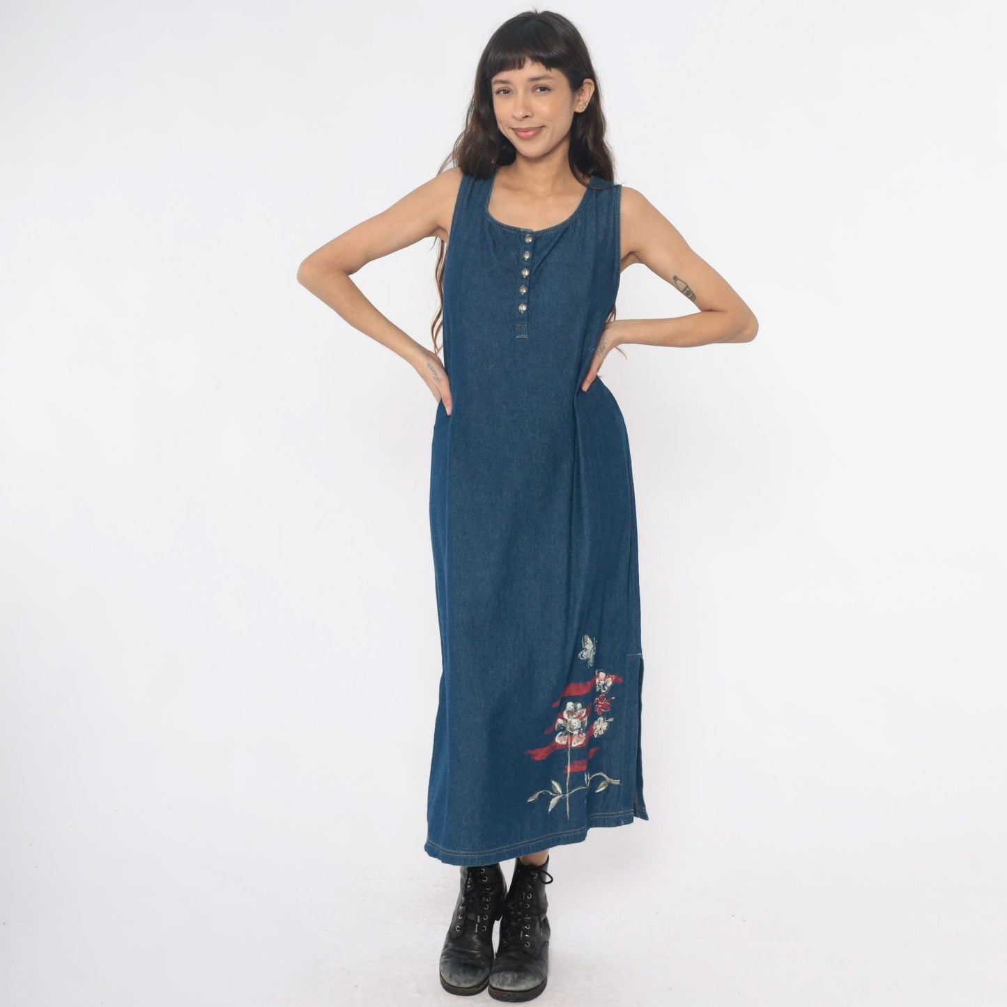 90s Blue Denim Maxi Dress Floral Butterfly Painted Tank Sleeveless Large L