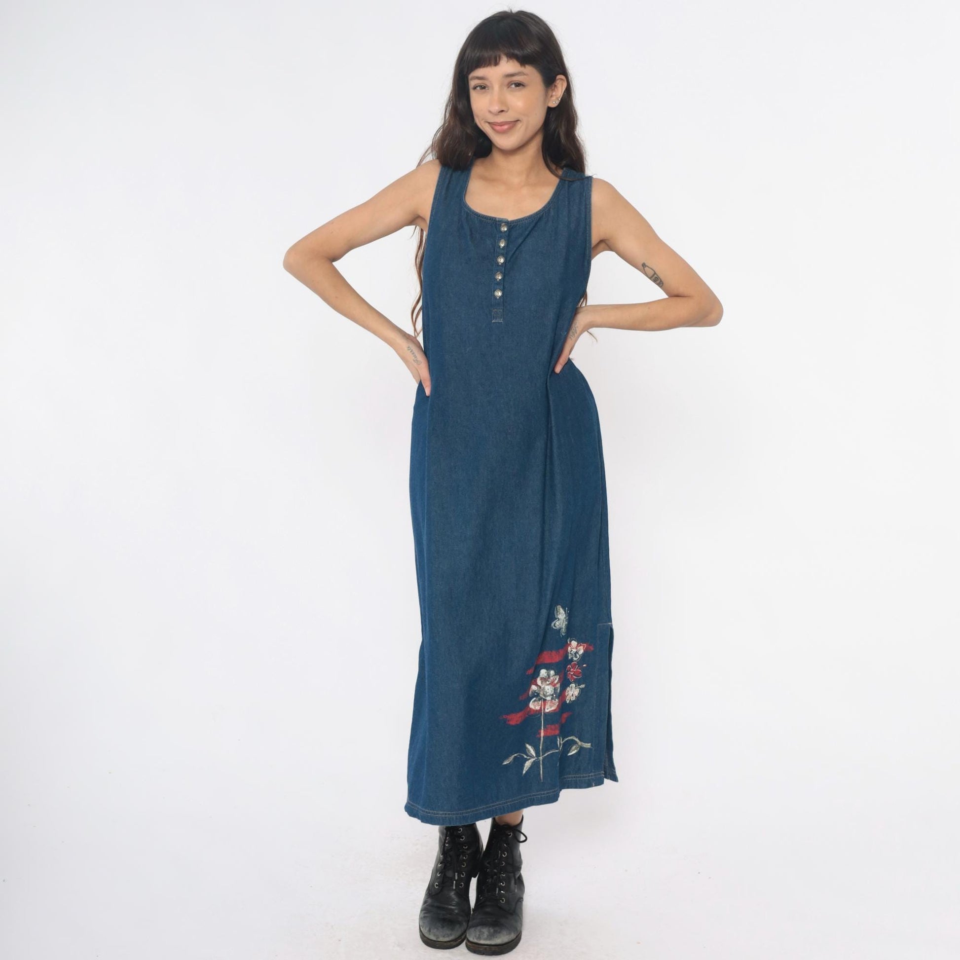 90s Blue Denim Maxi Dress Floral Butterfly Painted Tank Sleeveless Large L