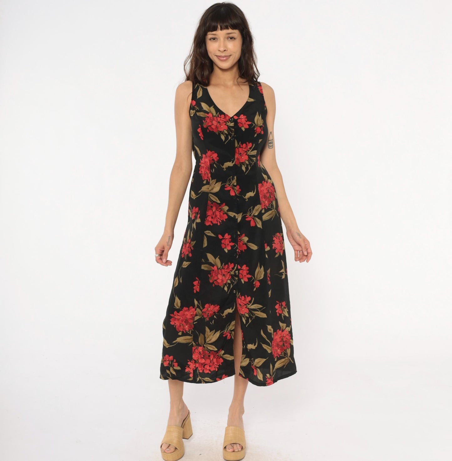 90s Expressions Floral Maxi Dress Black Red Coral Sleeveless V-Neck Medium
