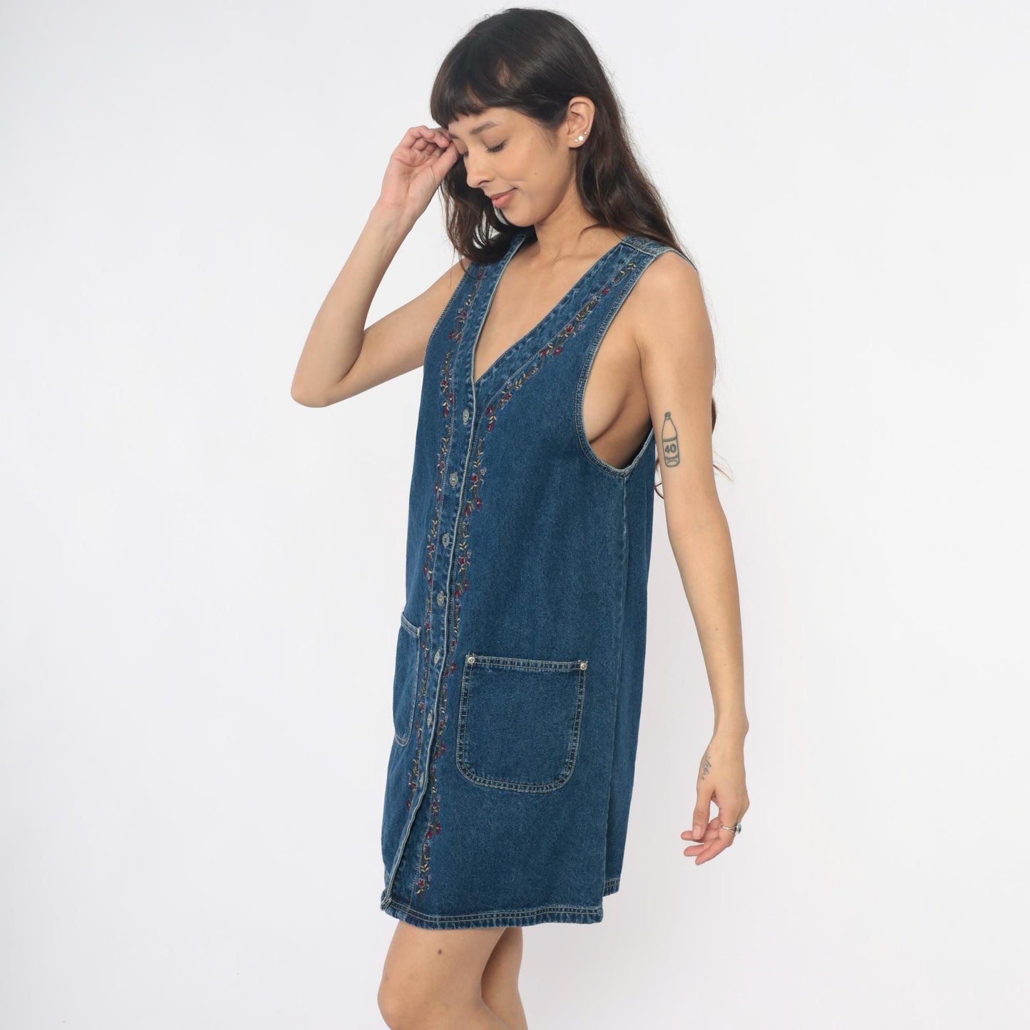90s JL NY Sport Denim Mini Dress Floral Embroidery Blue Small