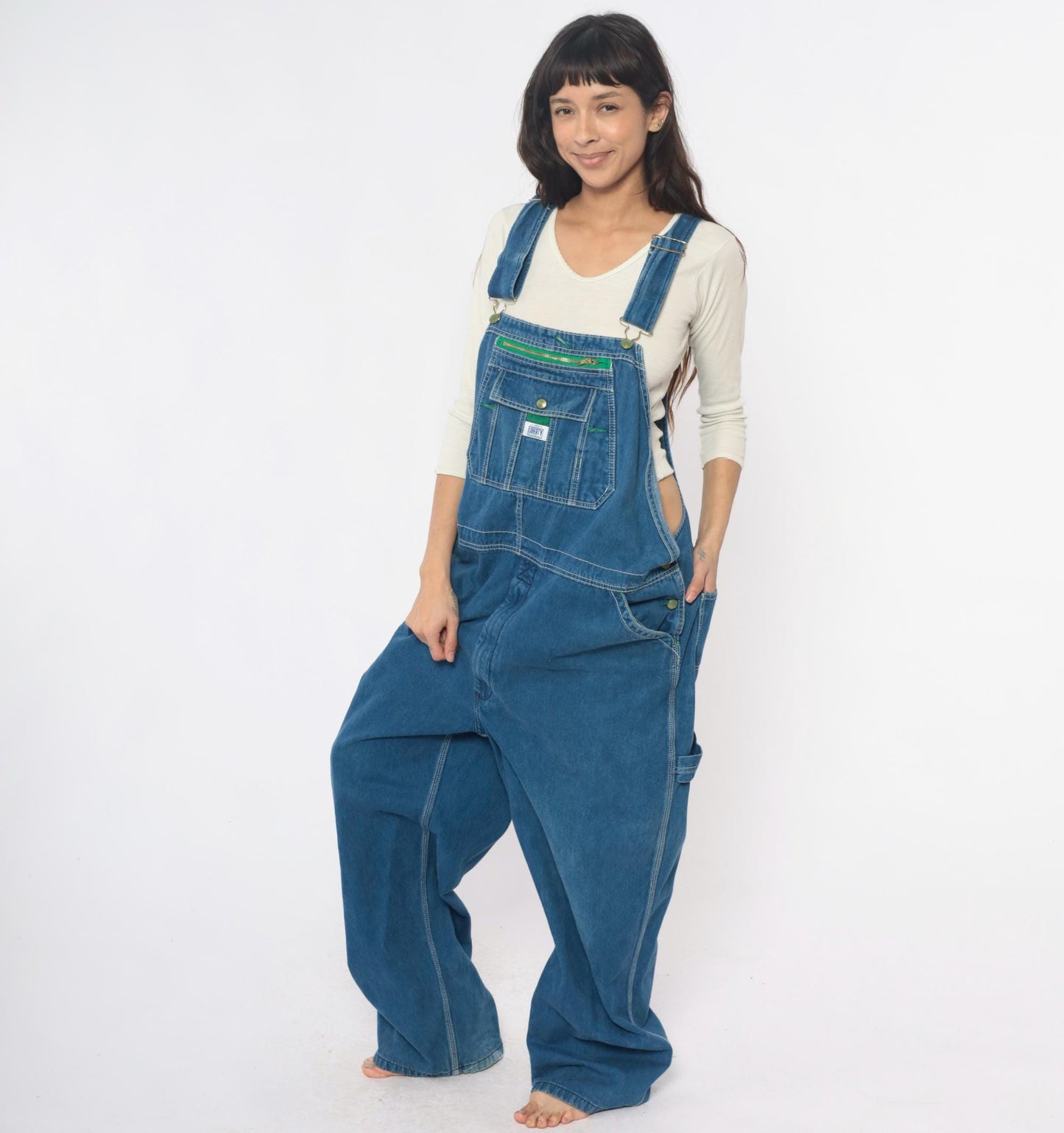 Y2K Liberty Denim Overalls Medium Blue Green Stitching Carpenter Jumpsuit
