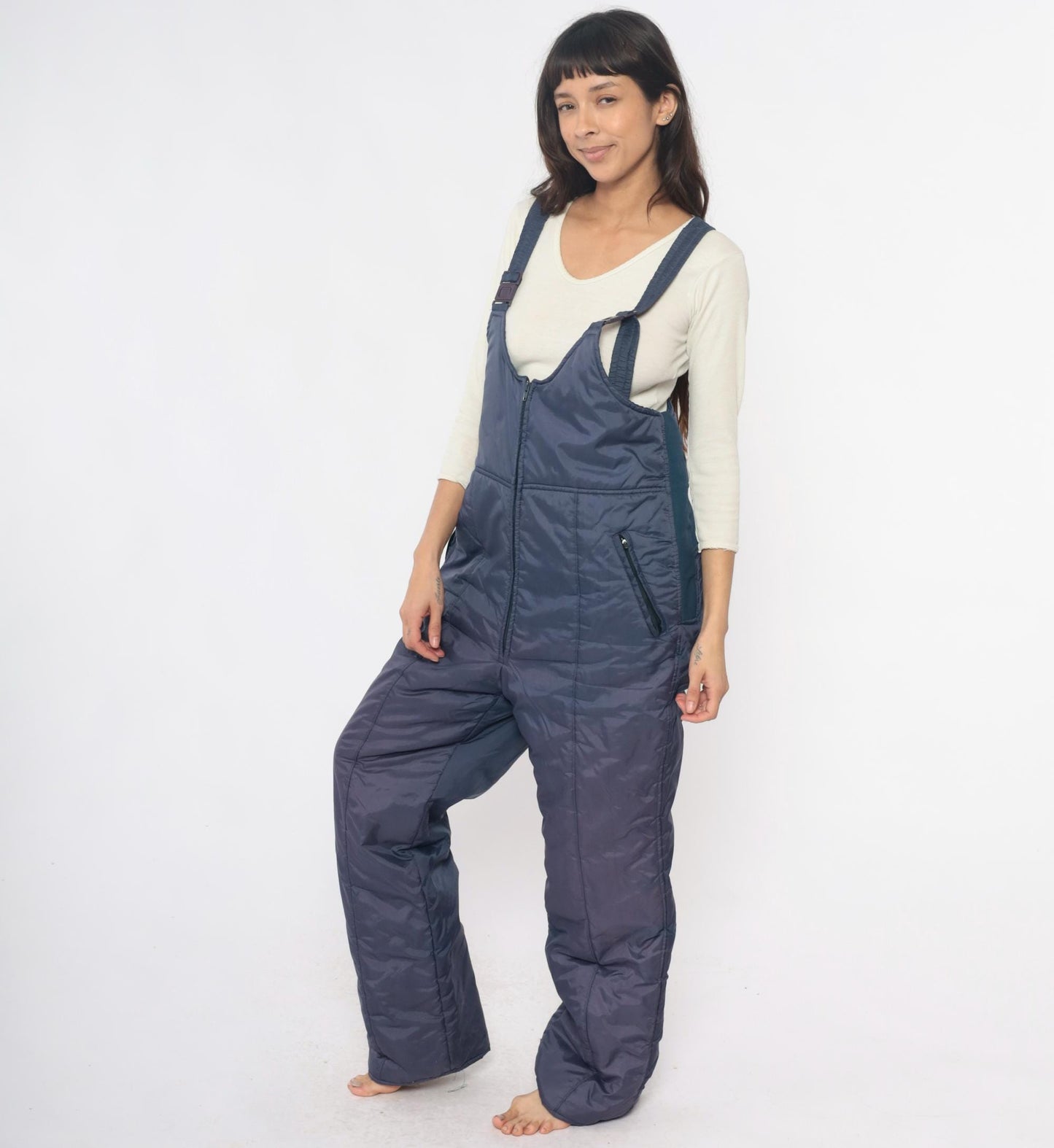 80s Sunshine Mountain Navy Ski Bib Overalls Insulated Nylon Large L
