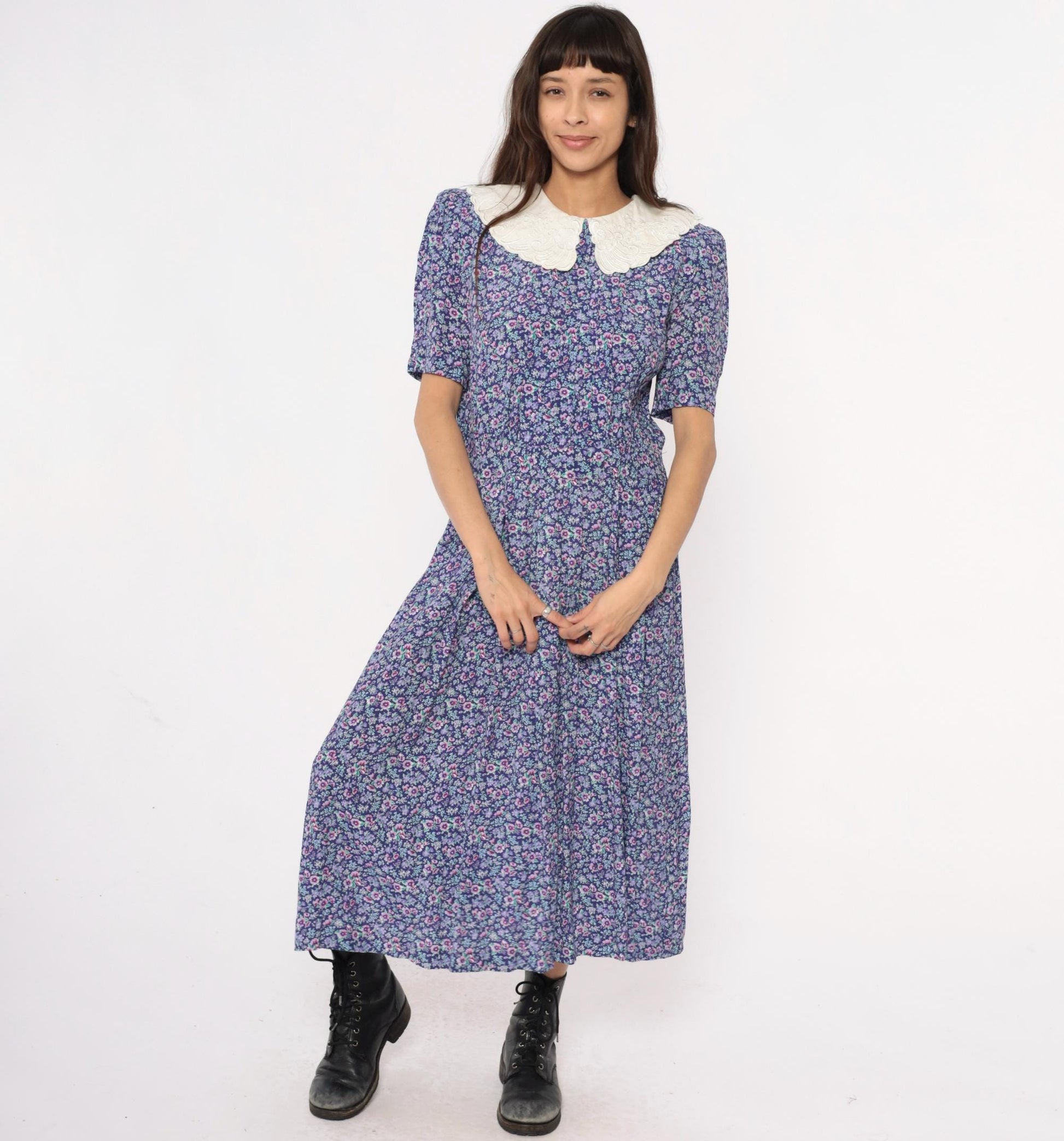 90s Karin Stevens Floral Maxi Dress Peter Pan Collar Purple Medium