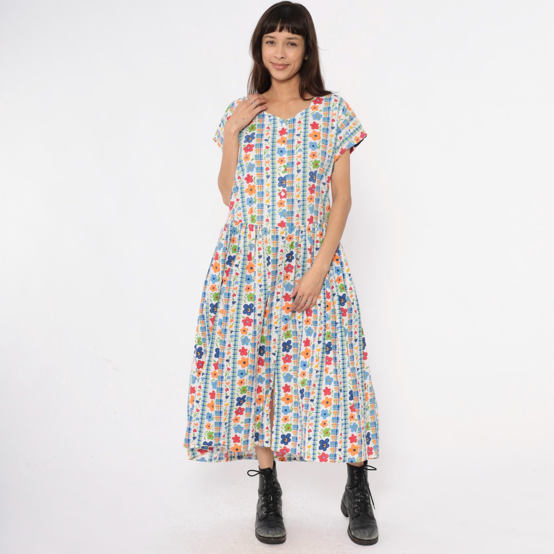 80s Chandni Floral Maxi Dress Button Front Drop Waist Multicolor Large L
