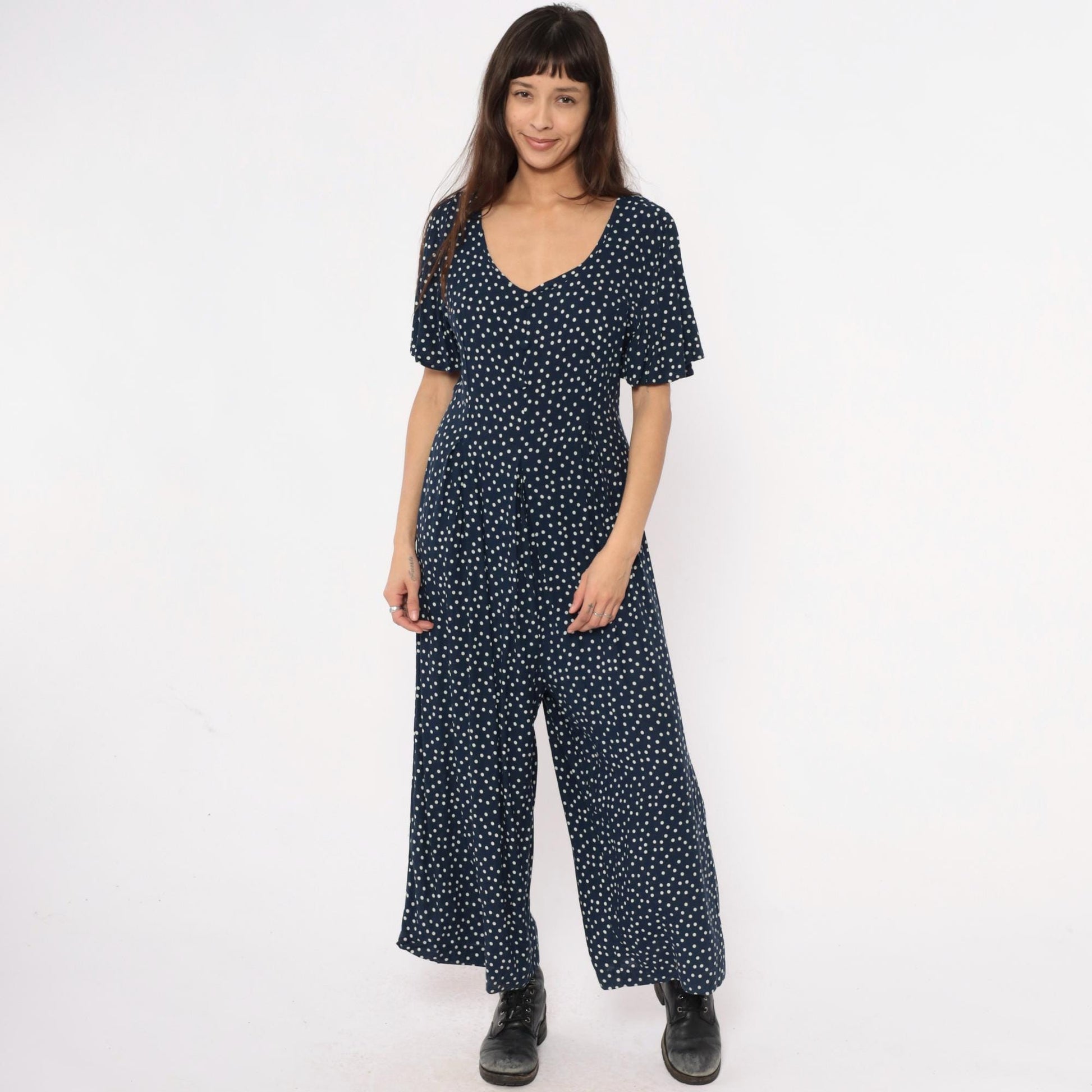 90s Navy Polka Dot Jumpsuit Wide Leg Rayon V-Neck Flutter Sleeve Large L
