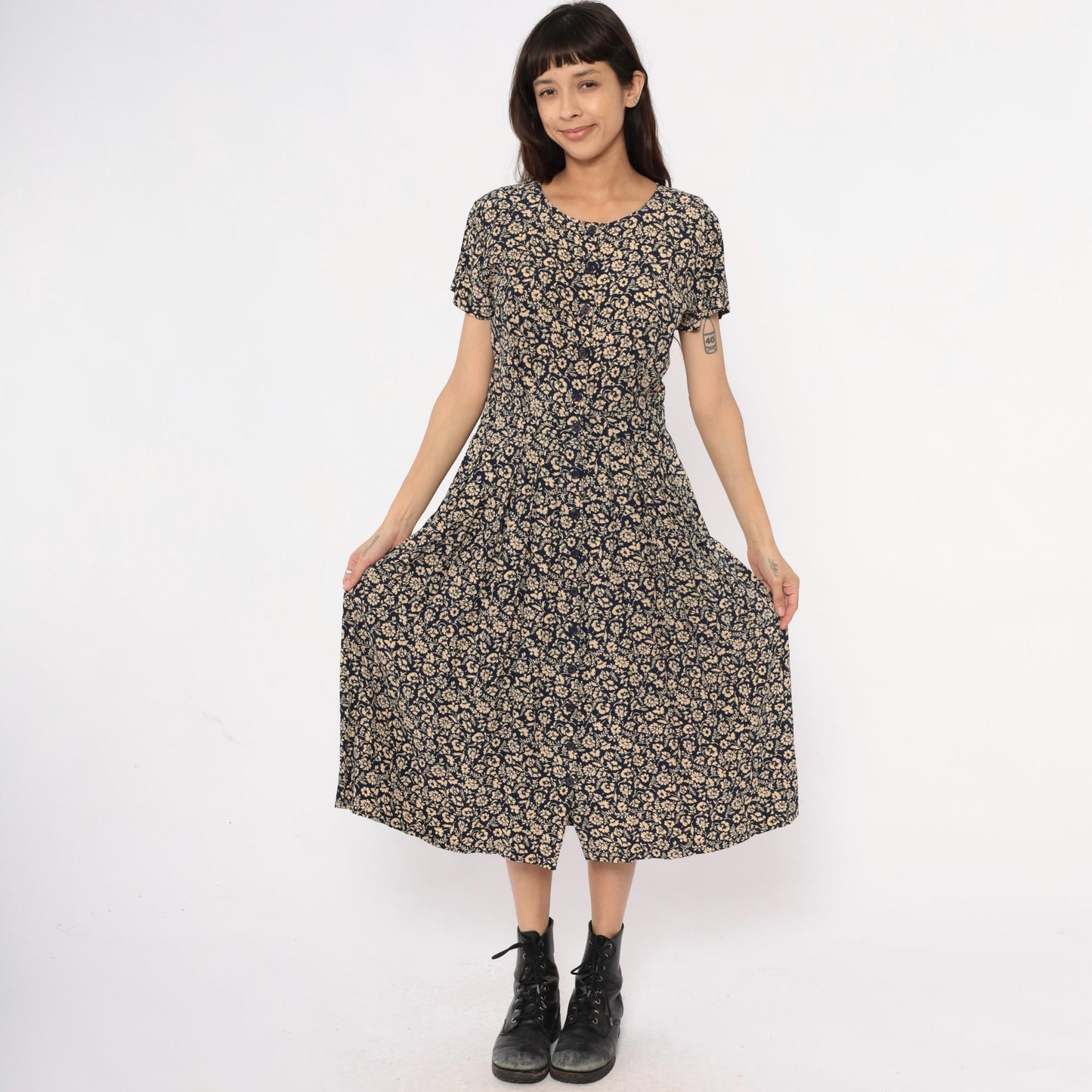90s Liz Claiborne Floral Midi Dress Navy Cream Short Sleeve Medium