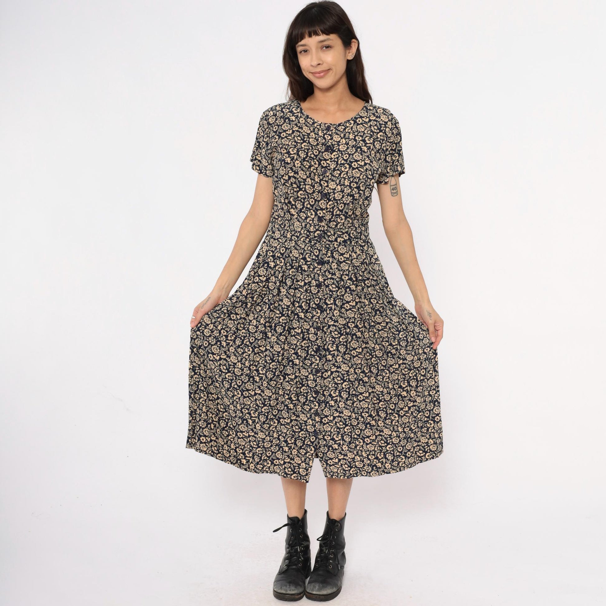 90s Liz Claiborne Floral Midi Dress Navy Cream Short Sleeve Medium