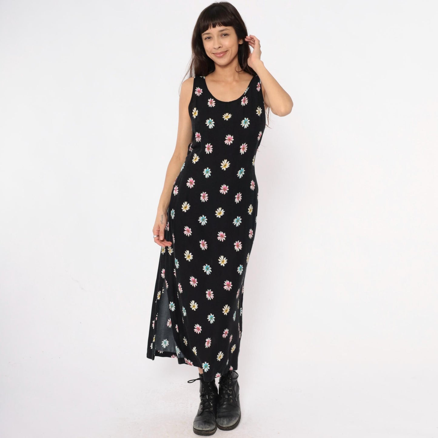 90s Daisy Print Maxi Dress Black Sleeveless Scoop Neck Large L