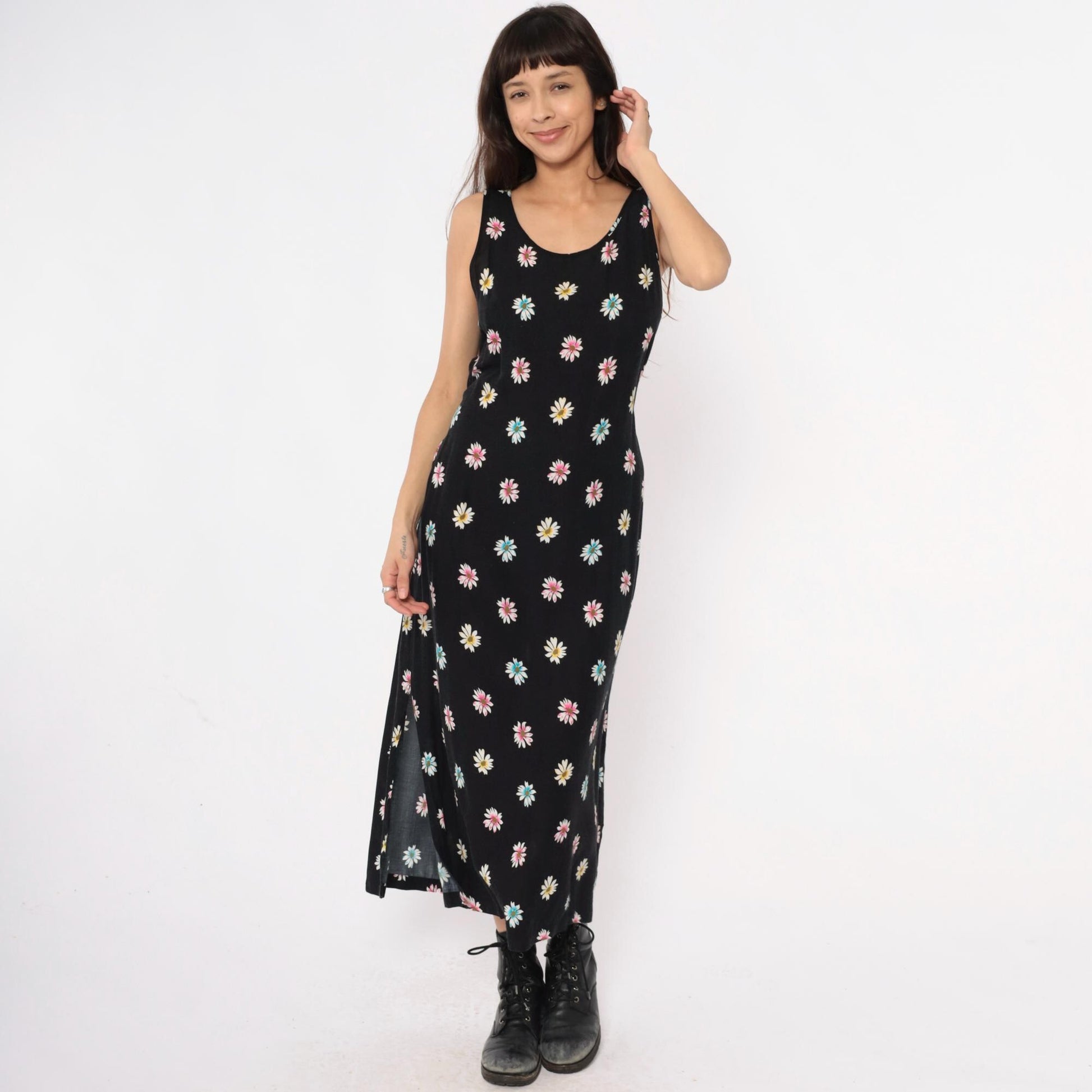 90s Daisy Print Maxi Dress Black Sleeveless Scoop Neck Large L
