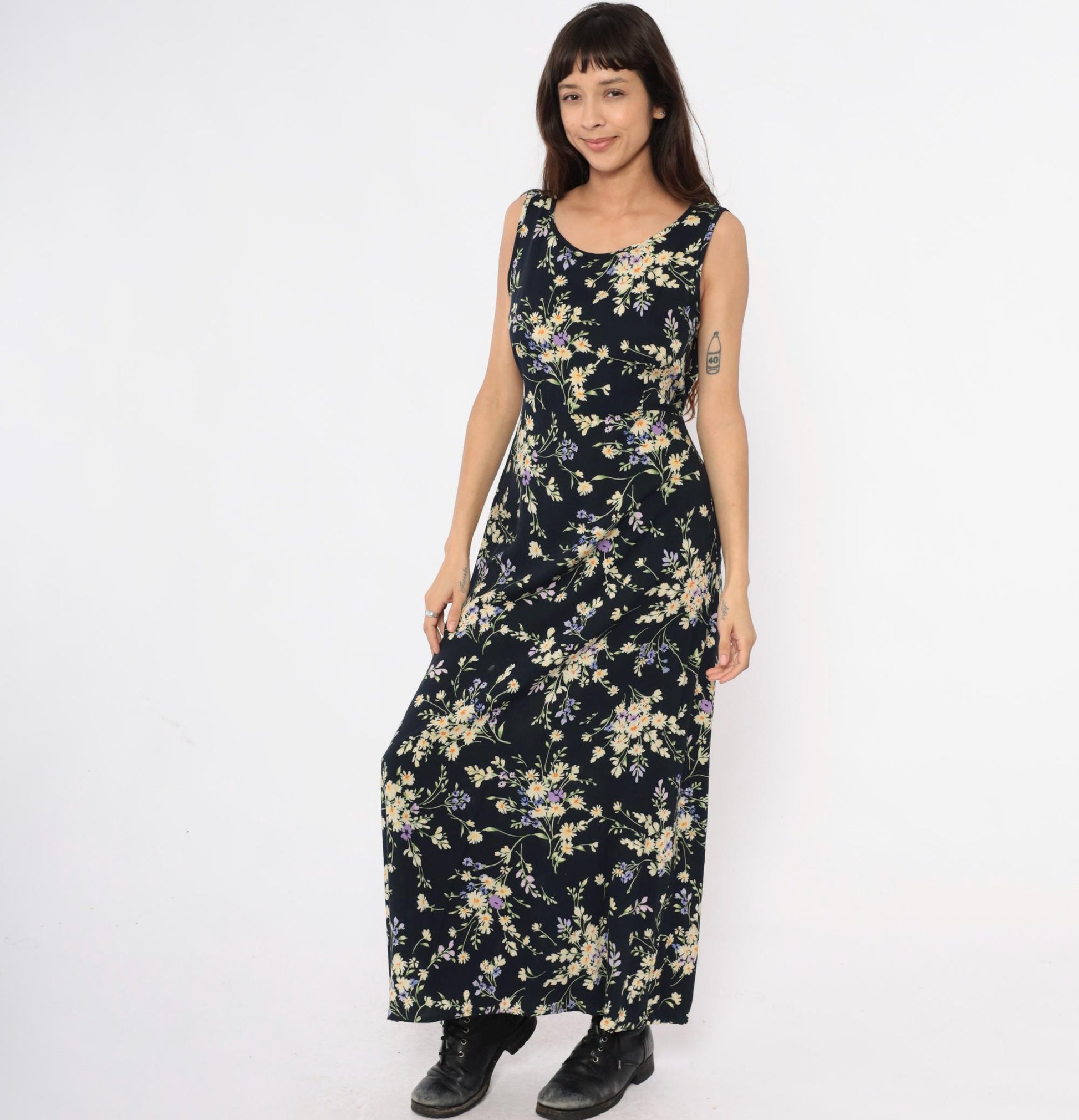 90s California Concepts Floral Maxi Dress Black Yellow Purple Daisy Sleeveless Large