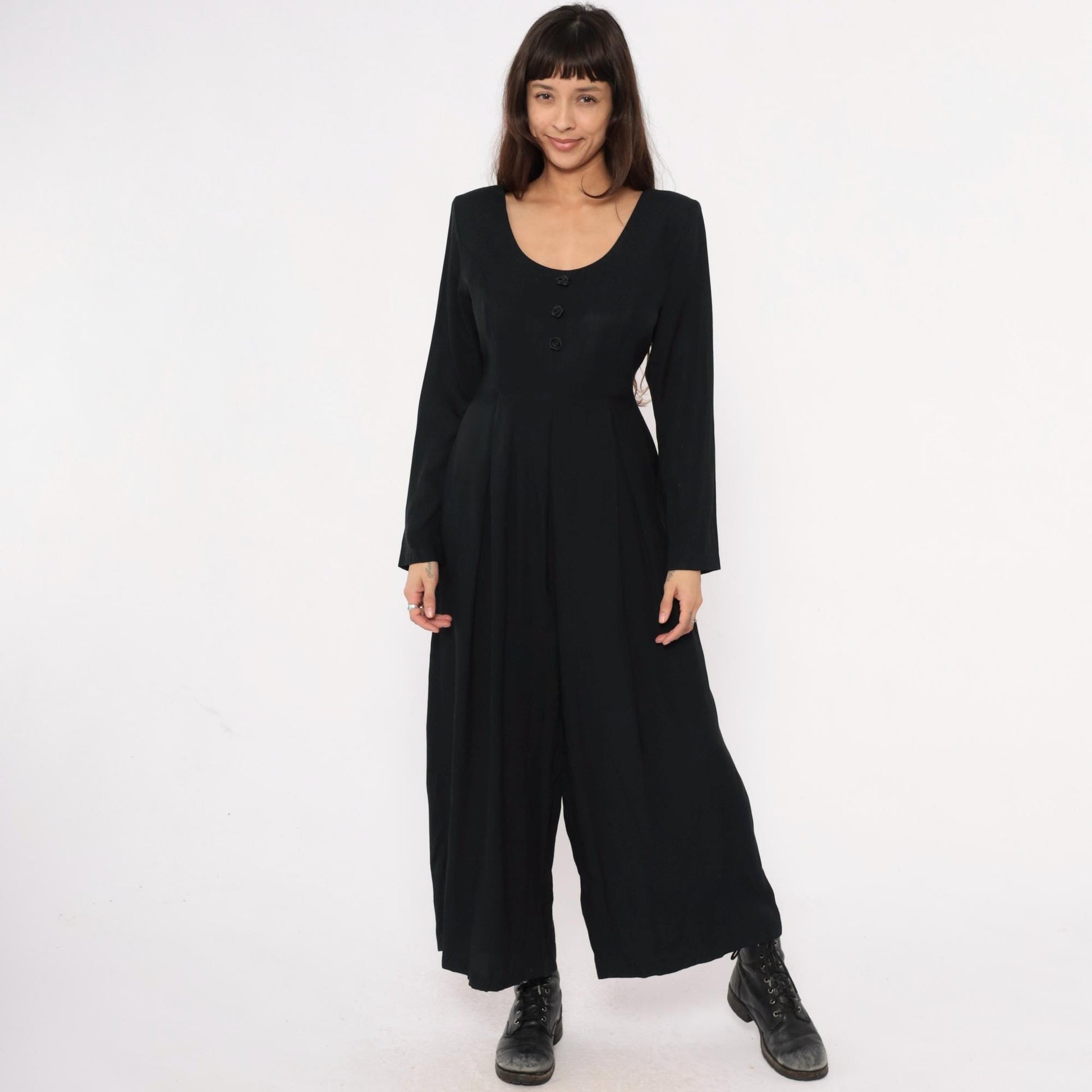 90s Express Black Wide-Leg Jumpsuit Tie Waist Long Sleeve Medium