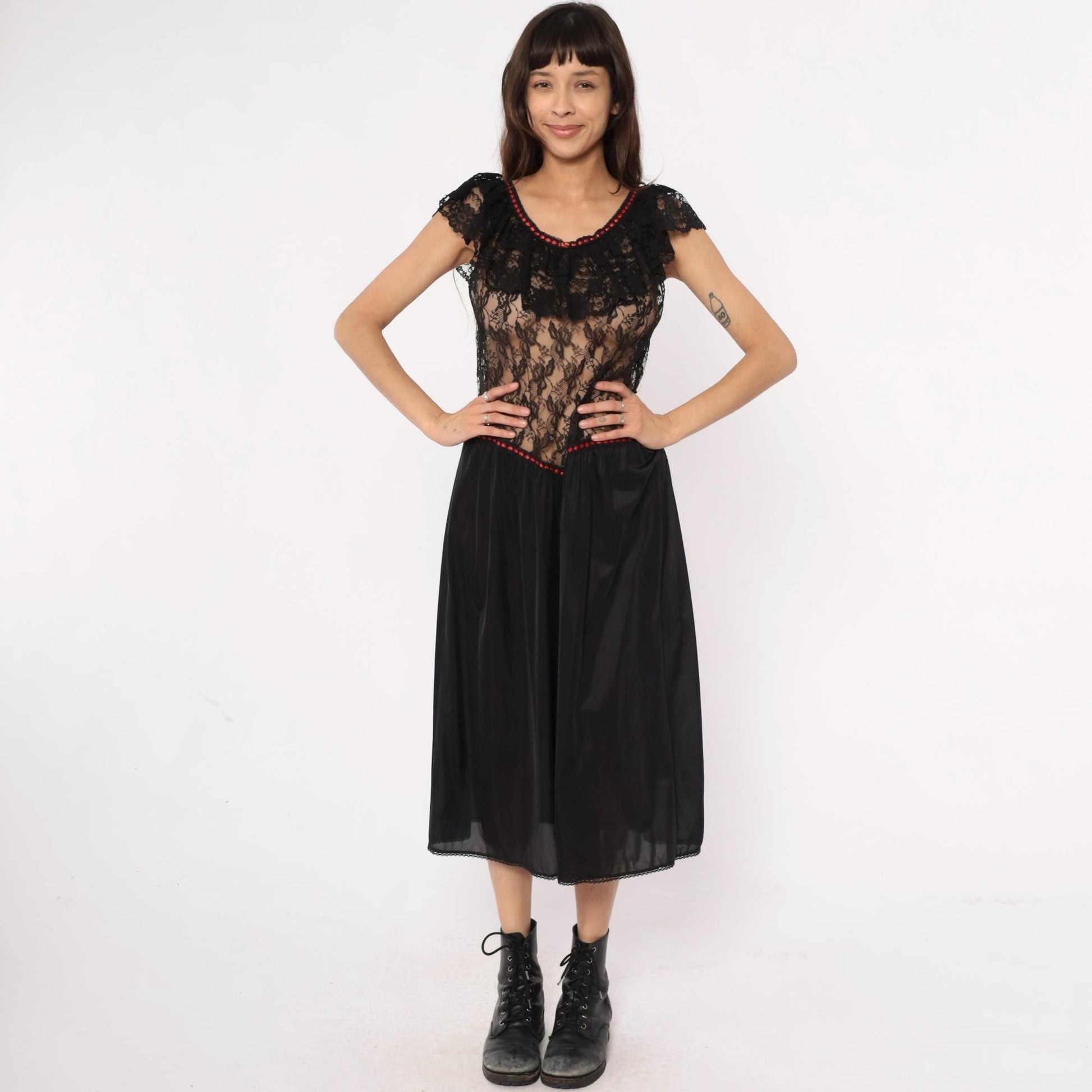 80s Stroke of Midnight Black Lace Nightgown Red Beaded Trim Maxi Large