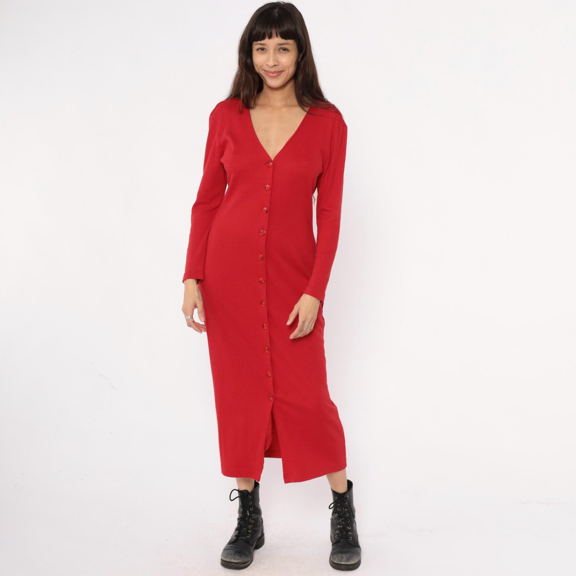 90s Moda Intl Black Maxi Dress Red Yoke Gold Buttons Medium