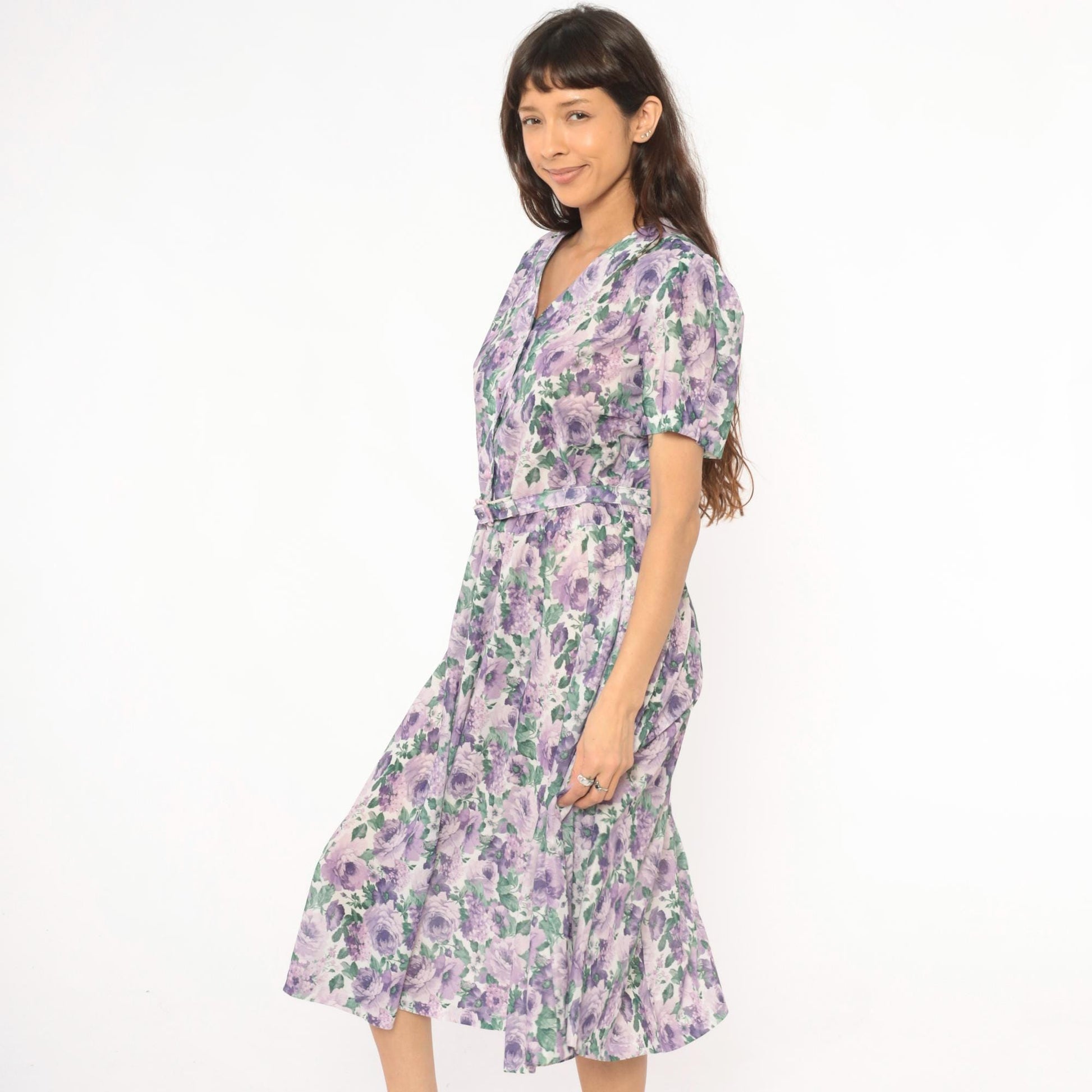 80s Anthony Richards Floral Midi Dress Purple Lavender Rose Puff Sleeve Large L