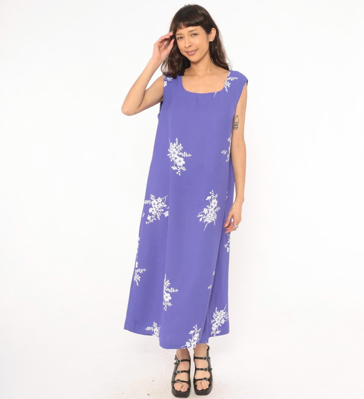 90s Periwinkle Floral Maxi Dress Sleeveless White Embroidered A-Line Extra Large XXL