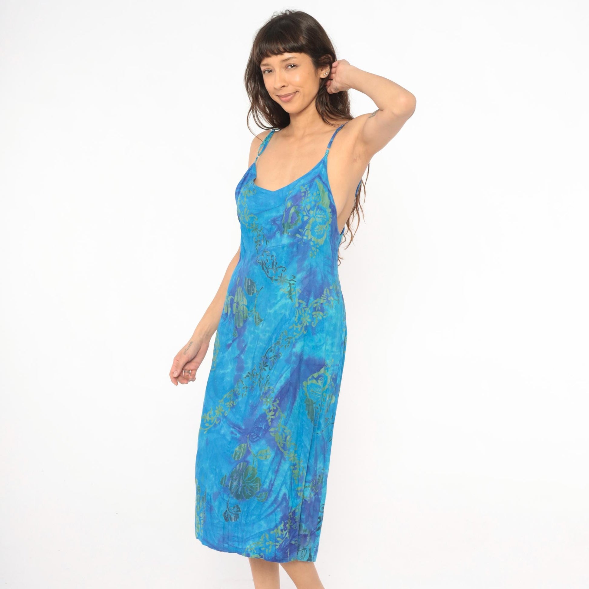 2000s Hand Kreation Tie Dye Slip Dress Blue Purple Hibiscus Floral Large L