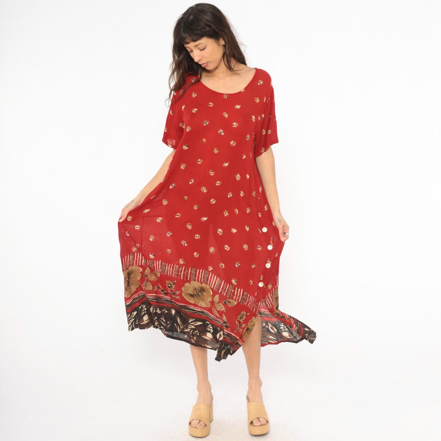 90s Red Floral Maxi Dress Gold Border Button Side Slit Large L