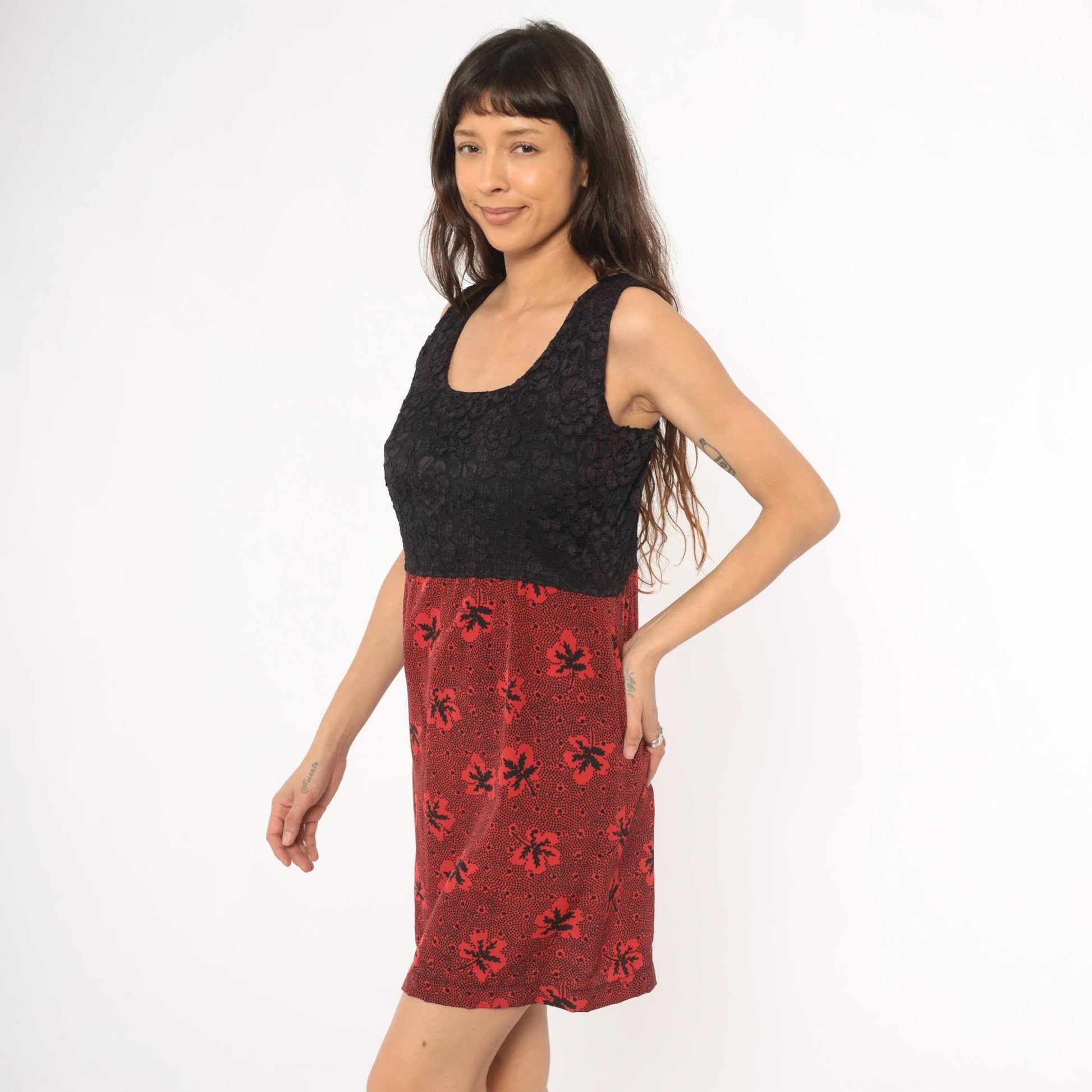 60s Colorblock Mini Dress Black Lace Bodice Red Leaf Print Empire Waist Small