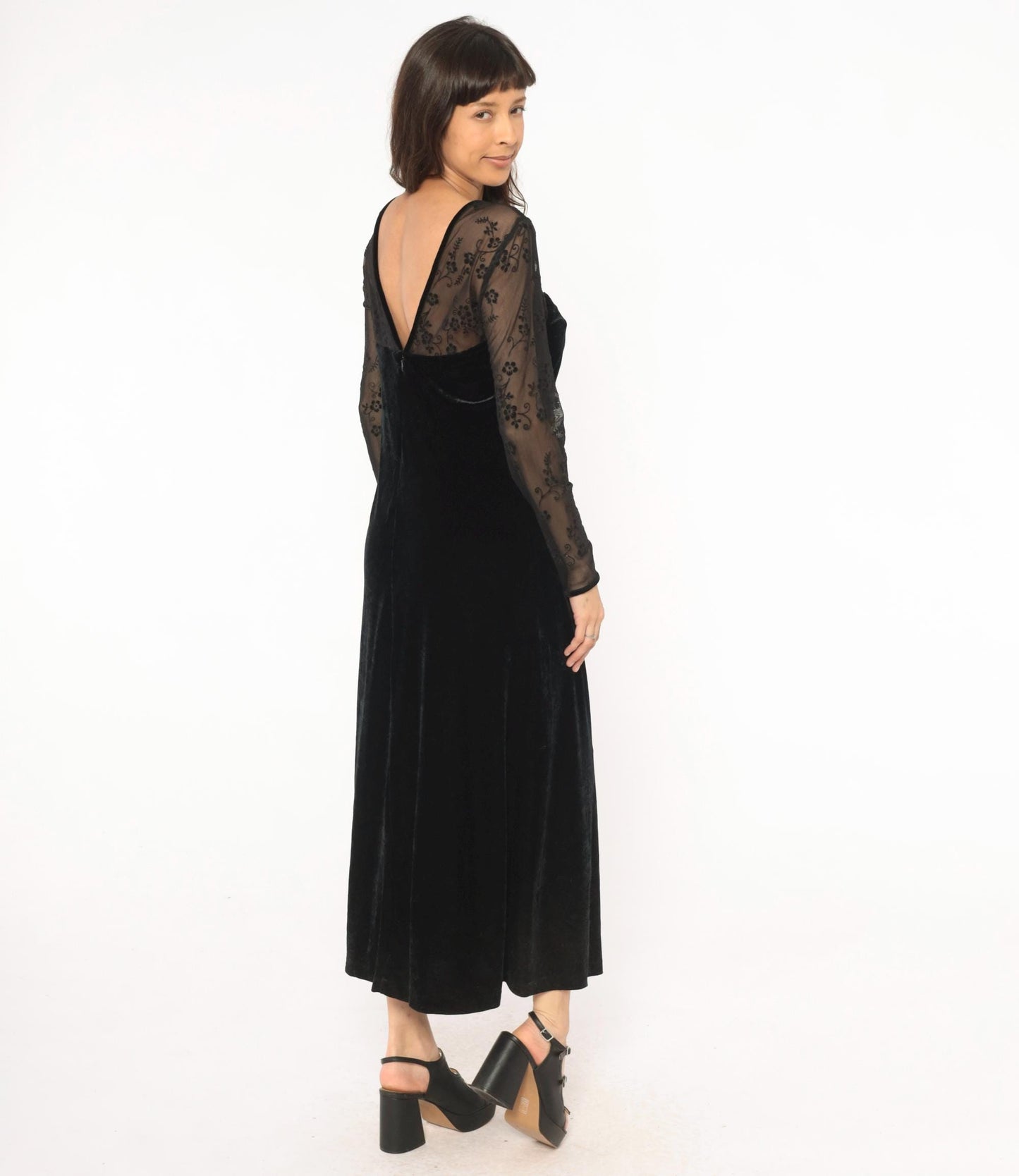90s Kathie Lee Black Velvet Maxi Dress Embroidered Mesh Sweetheart V Back Small