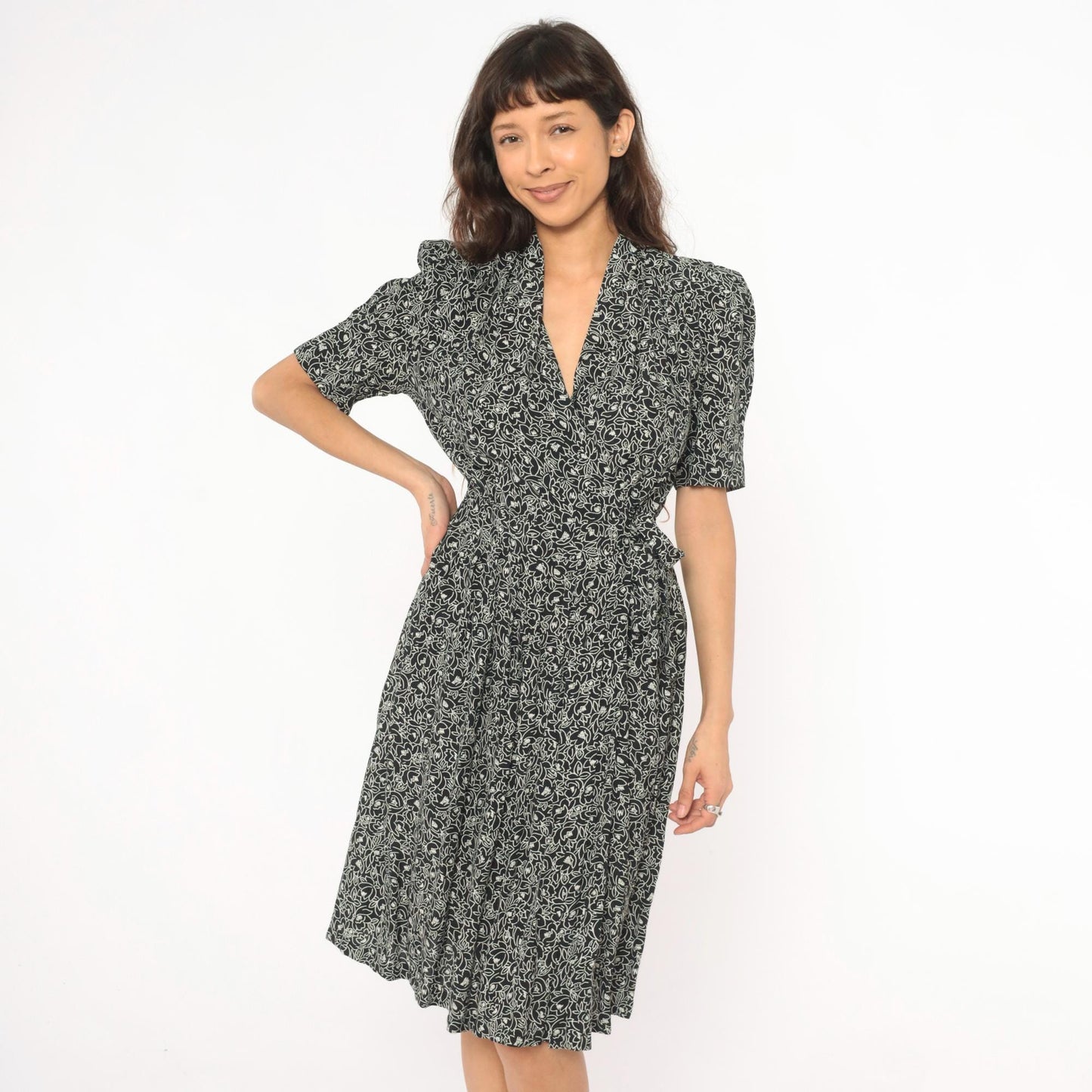90s Karin Stevens Floral Wrap Dress Black Cream Puff Sleeve Small