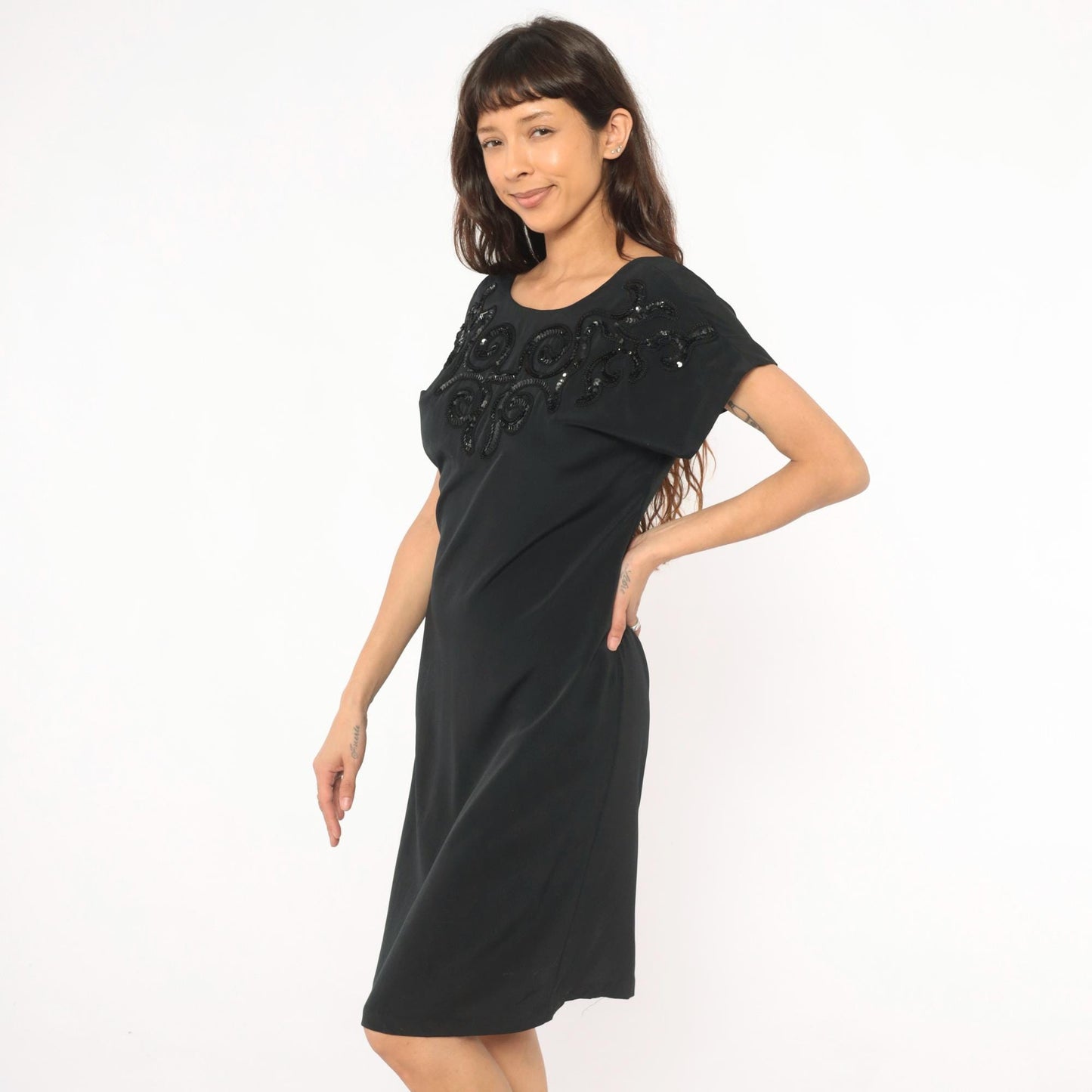 80s Susan Roselli Sequin Beaded Black Sheath Dress Scoop Neck Small S