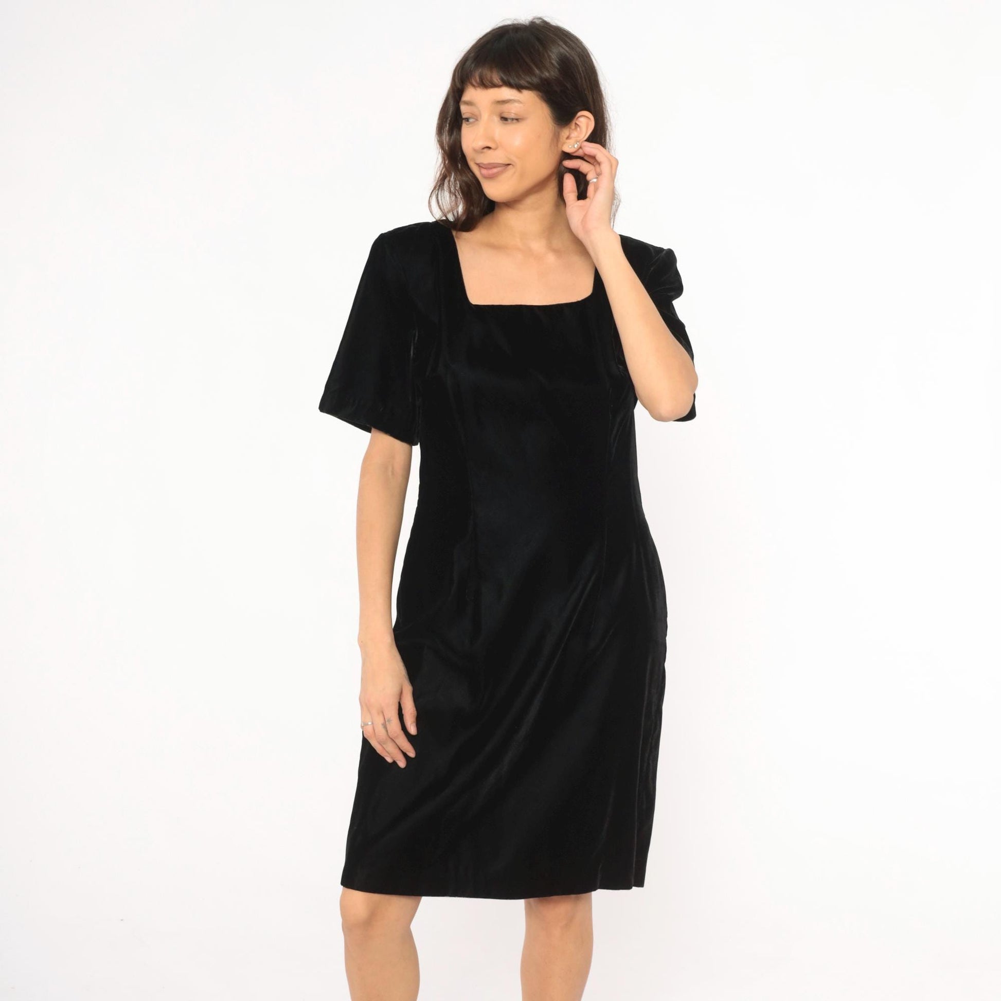 90s My Michelle Black Velvet Dress Square Neck Short Sleeve Knee Length Large L