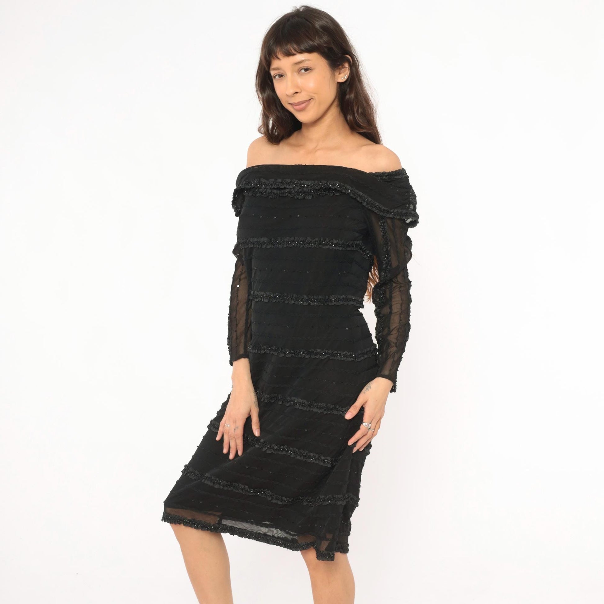 90s Tadashi Off-Shoulder Beaded Cocktail Dress Black Mesh Knee-Length Large L