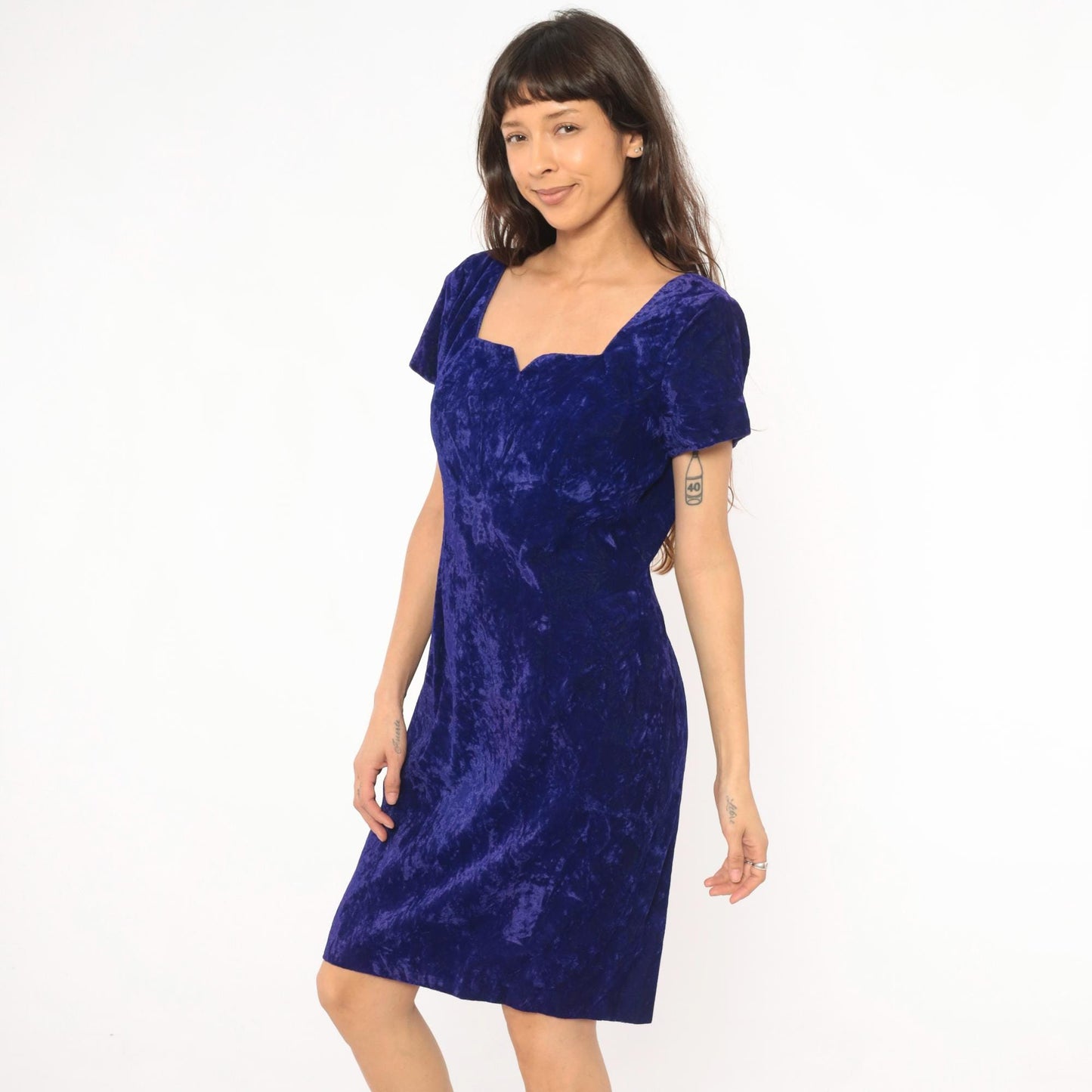90s Late Edition Purple Crushed Velvet Dress Sweetheart Neckline Knee-Length Medium M