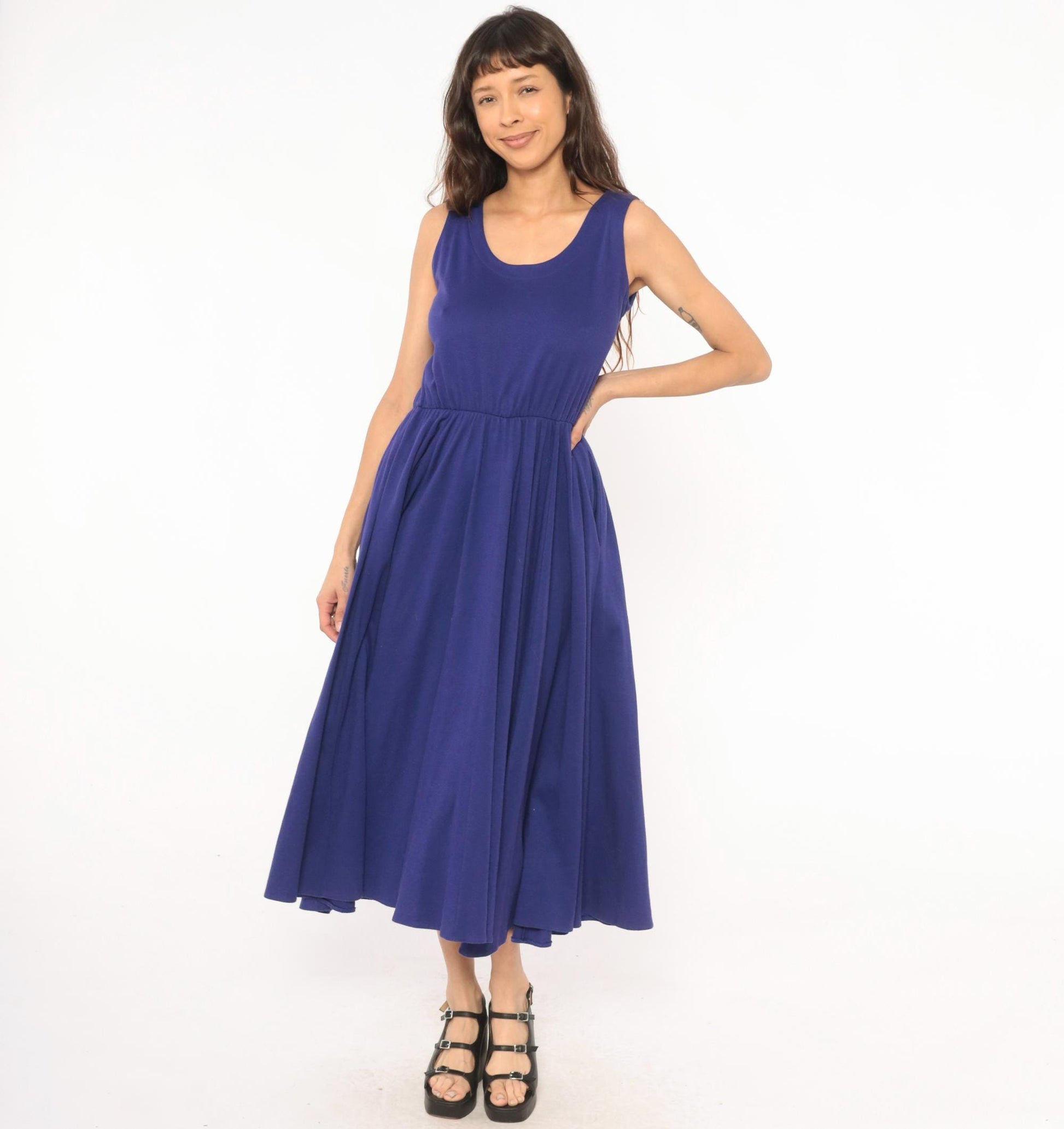 80s Rosemary Brantley Indigo Midi Sundress Scoop Neck Circle Skirt Large L
